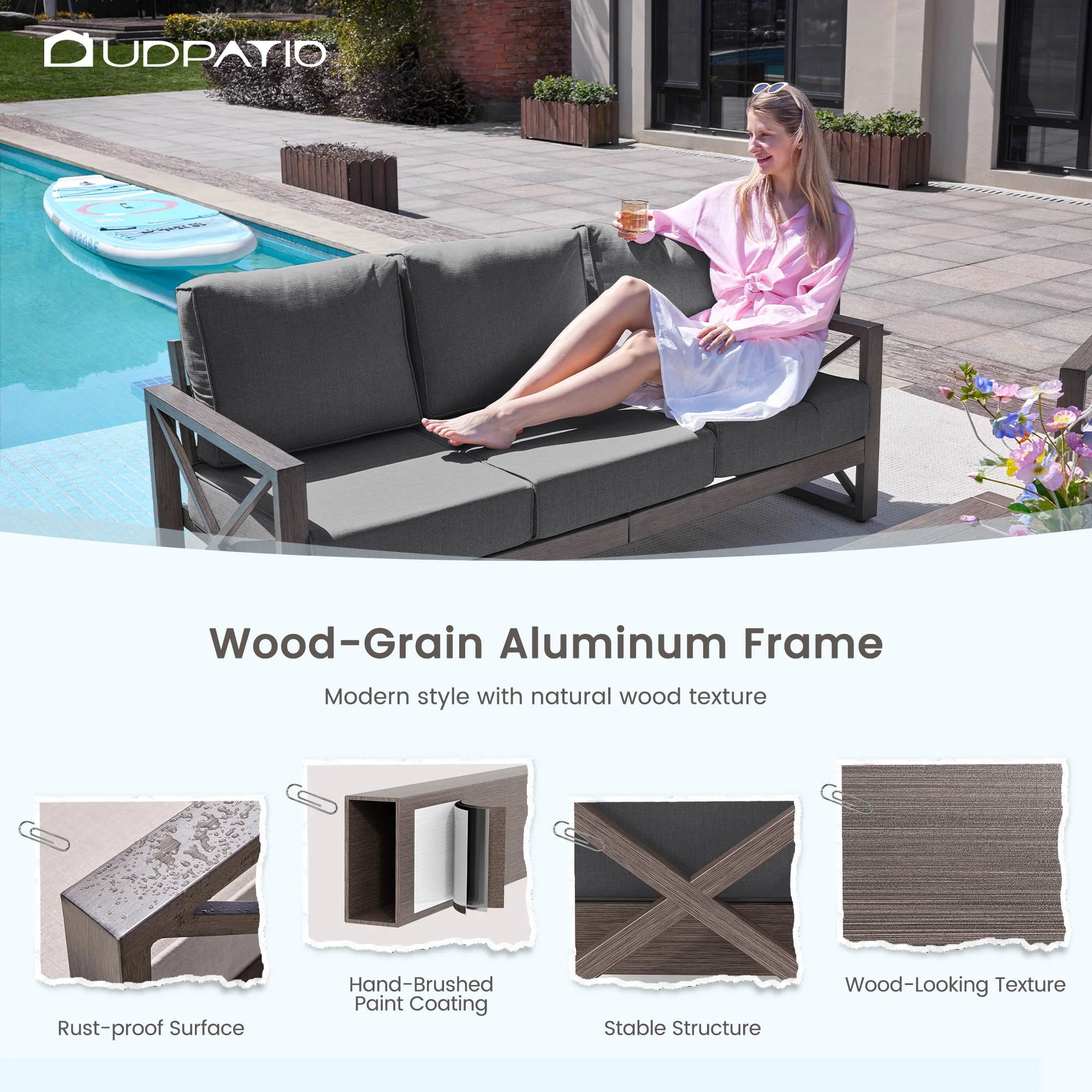 MRUAKA 5 Piece Aluminum Patio Furniture Set Faux Wood Grain Modern Outdoor Furniture Set with 6