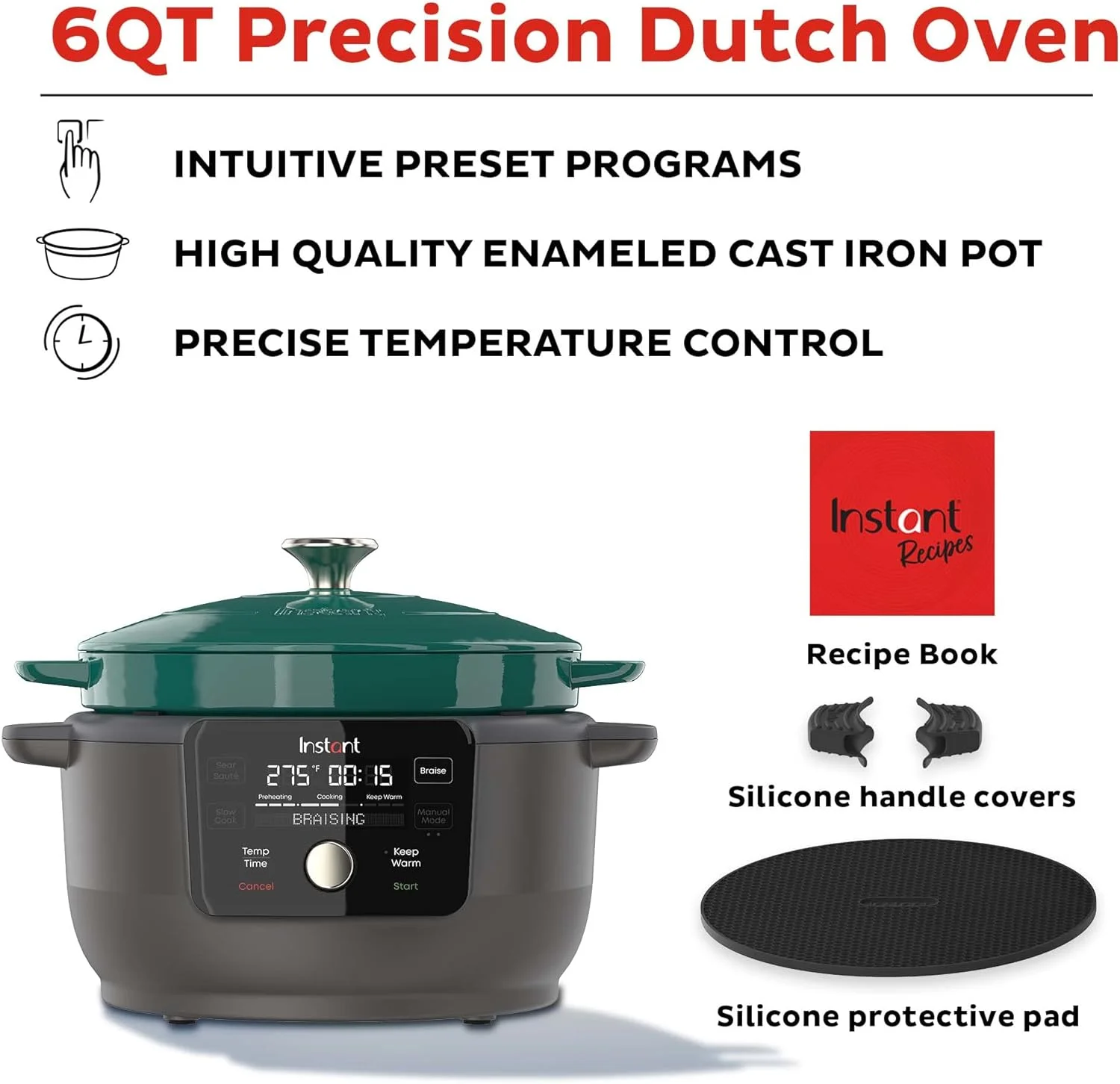 Instant Electric Round Dutch Oven, 6-Quart 1500W, From the Makers of Instant Pot, 5-in-1: Braise, Slow Cook, Sear/Saut, Cooking Pan, Food Warmer, Enameled Cast Iron, Included Recipe Book, Green