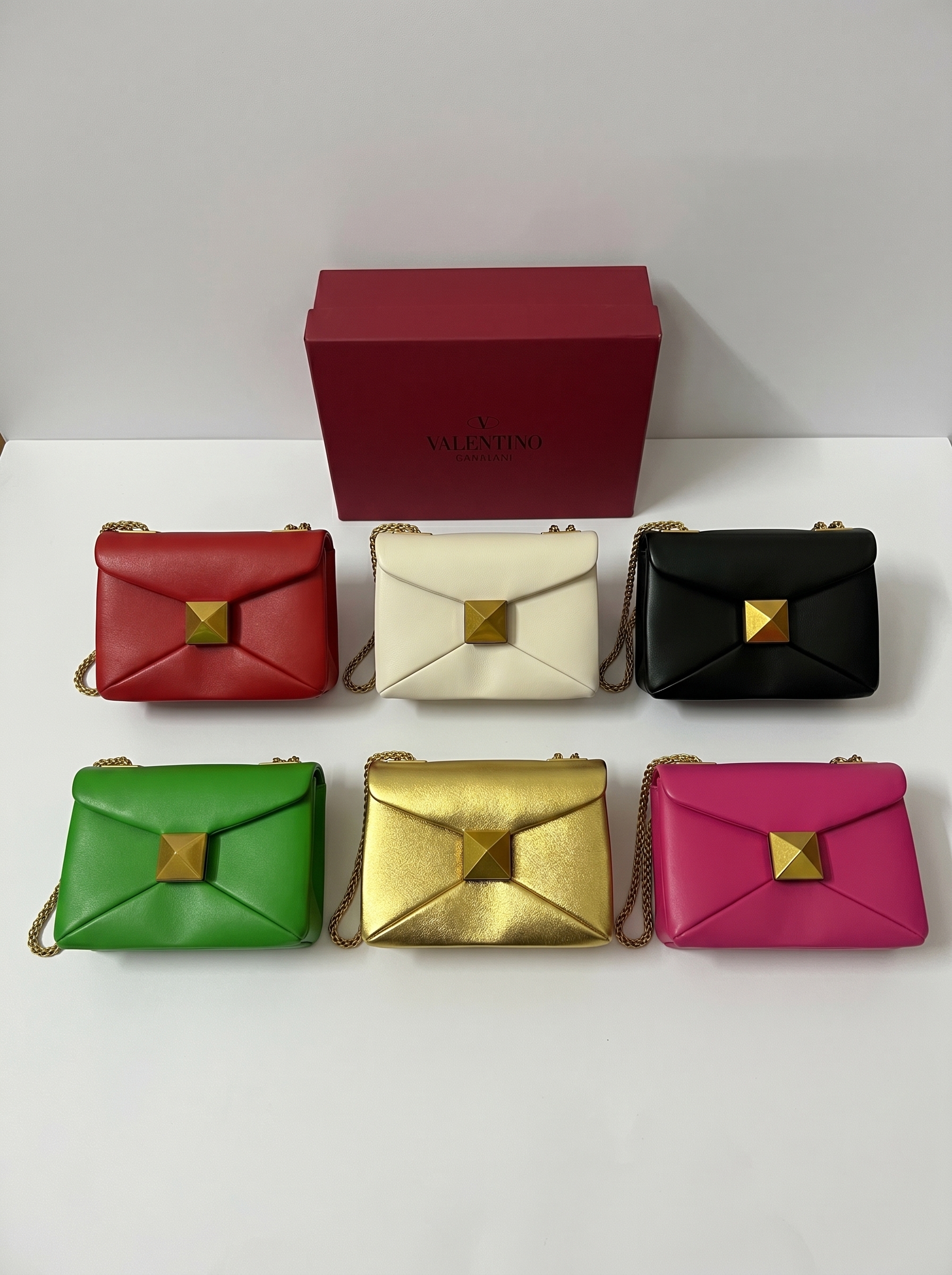 Valentino One Stud Padded Nappa Leather Maxi Gold Stud Envelope Chain Shoulder Bag