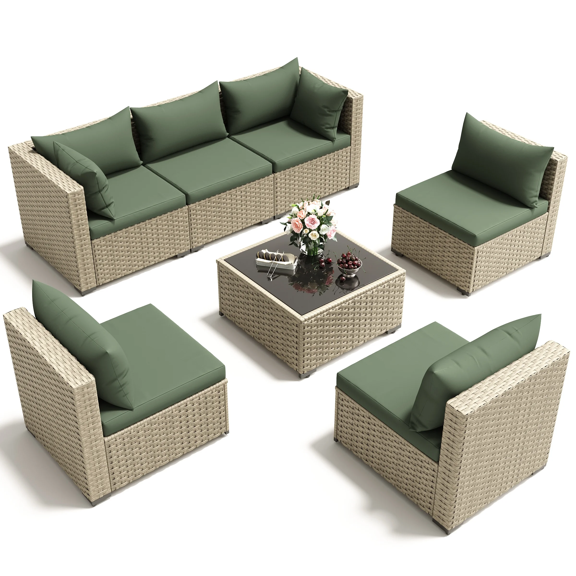 POTEBAN 7 Pieces Outdoor Patio Furniture Set, Grey Rattan Wicker Outdoor Conversation Sectional Sofa Set with Cushions for Backyard, Green