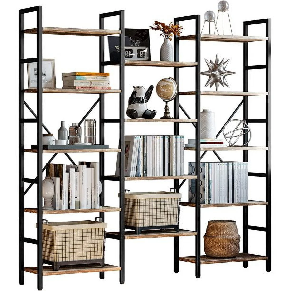 IRONCK Triple Wide 5 Tiers Industrial Bookcases and Bookshelves, Large Open Display Shelves with Metal Frame for Living Room Bedroom Home Office, Vintage Brown