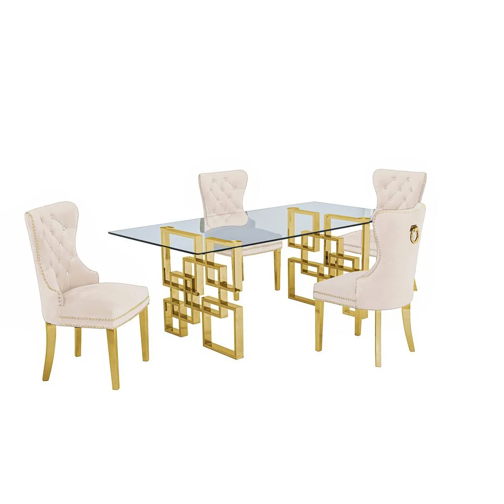 Rectangular Clear Glass 5pc Dining Set with Gold Stainless Steel Base