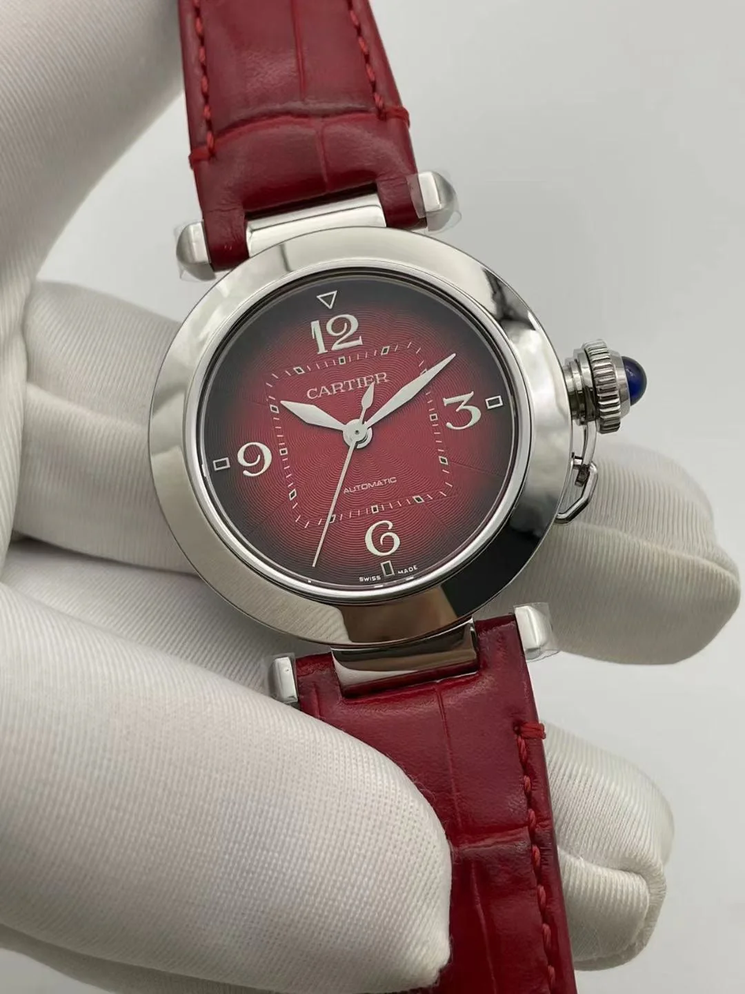 Cartier Watch Pasha 33mm Silver Red Dial Leather