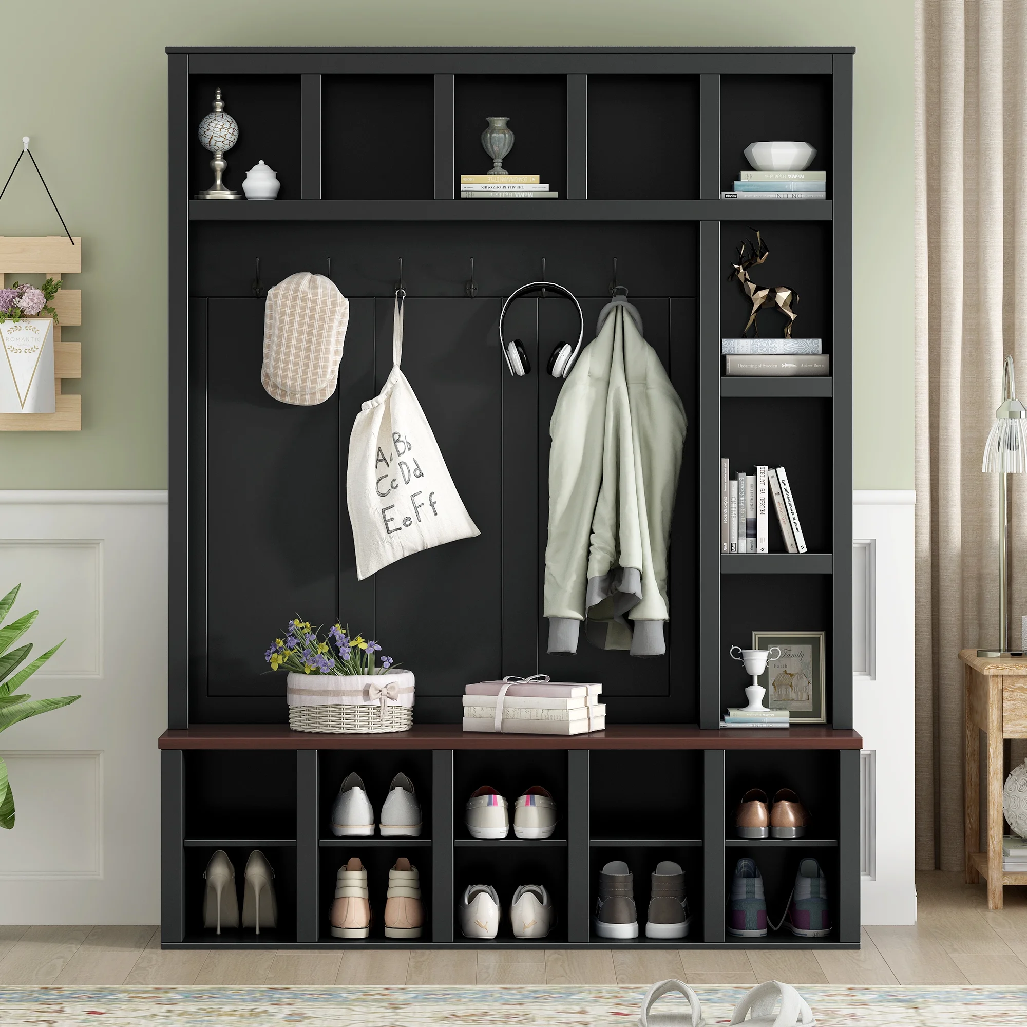 Euroco Farmhouse Wooden Style Hall Tree with 6 Hooks, Walnut Storage Bench, Adjustable Shelves, and 4-in-1 Entryway Shoe Cabinet with 13 Cubbies