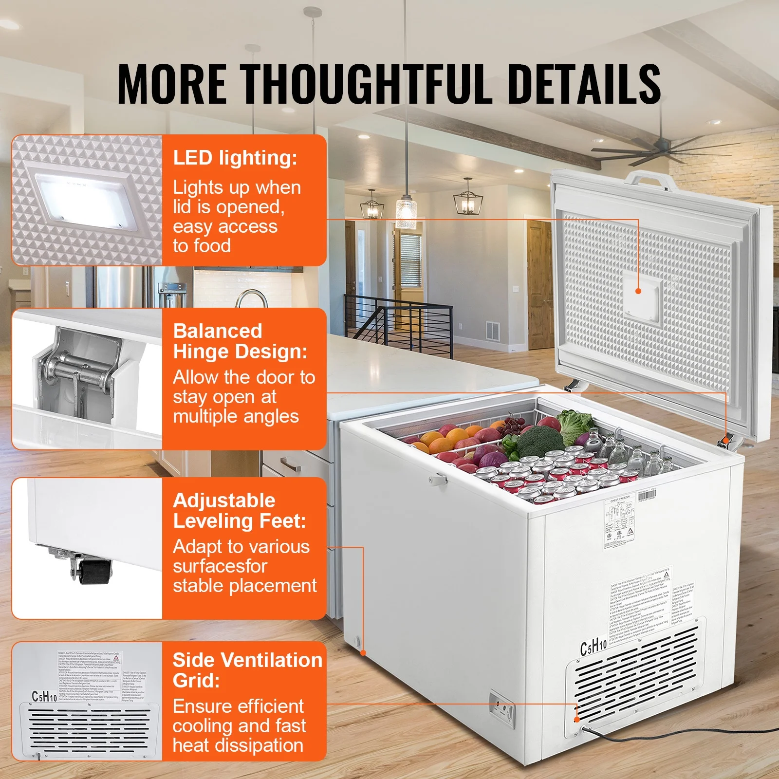 KFFKFF Chest Freezer, 12.8 Cu.ft / 345 L Spacious Storage with 4 Detachable Baskets, Upright Top-Loading Design for Home and Business, Secure Lock Lid, 7 Temperature Settings, Illuminated Interior
