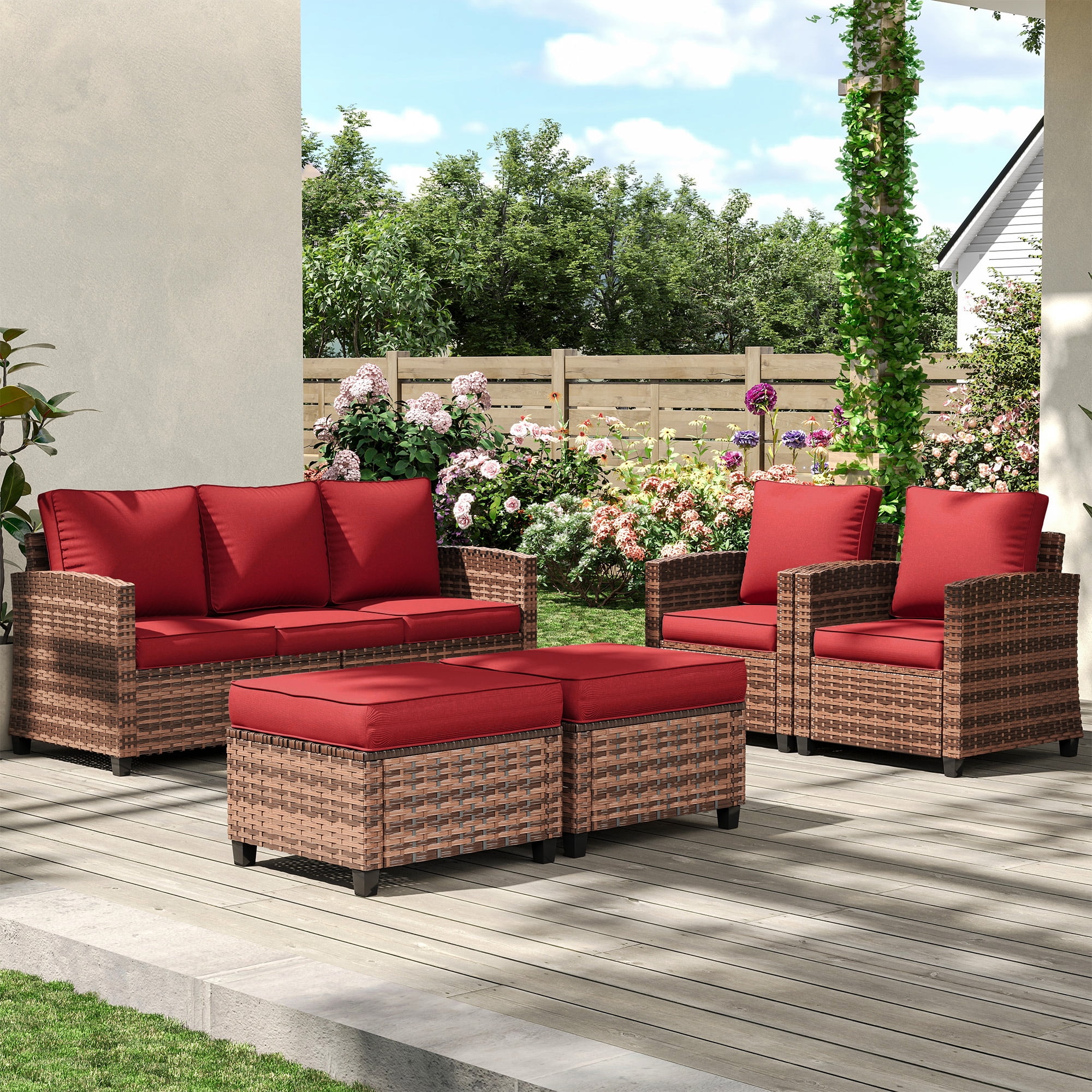 Poteban Patio Conversation Set, 5 Pieces Outdoor Furniture Set, All-Weather Wicker Rattan High Back Outdoor Sectional Sofa Set with Ottoman for Poolside, Backyard, Brown Wicker Wine Red Cushions