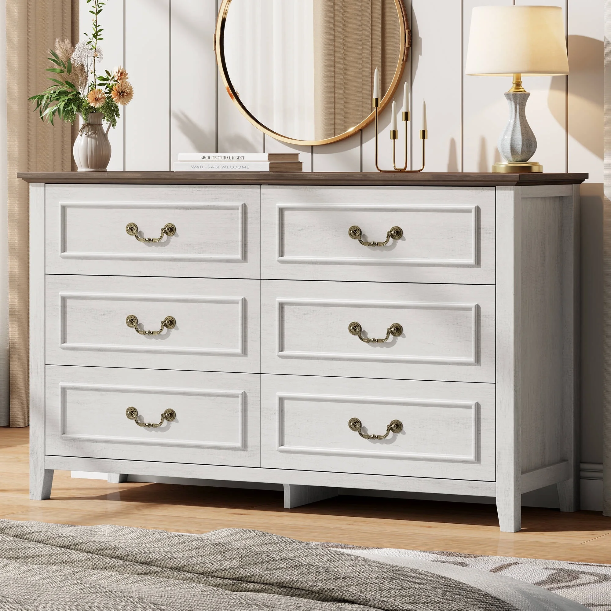 LainTene Dresser for Bedroom, Farmhouse White Dresser with Antique Handles, Vintage 6 Drawers Dresser, Chest of Drawers Storage Cabinet for Living Room, Entryway