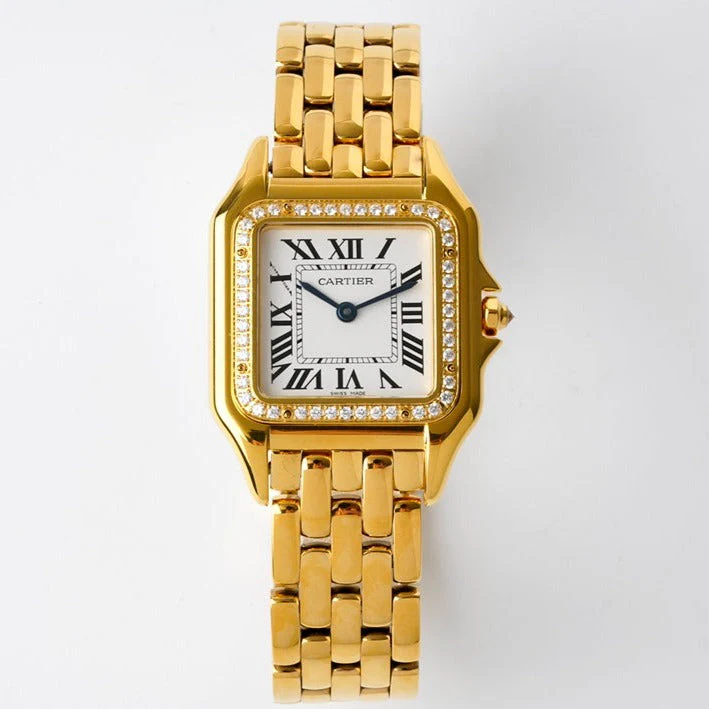 Cartier Watch PANTHERE 27MM GOLD CASE DIAMOND BEZEL WHITE DIAL