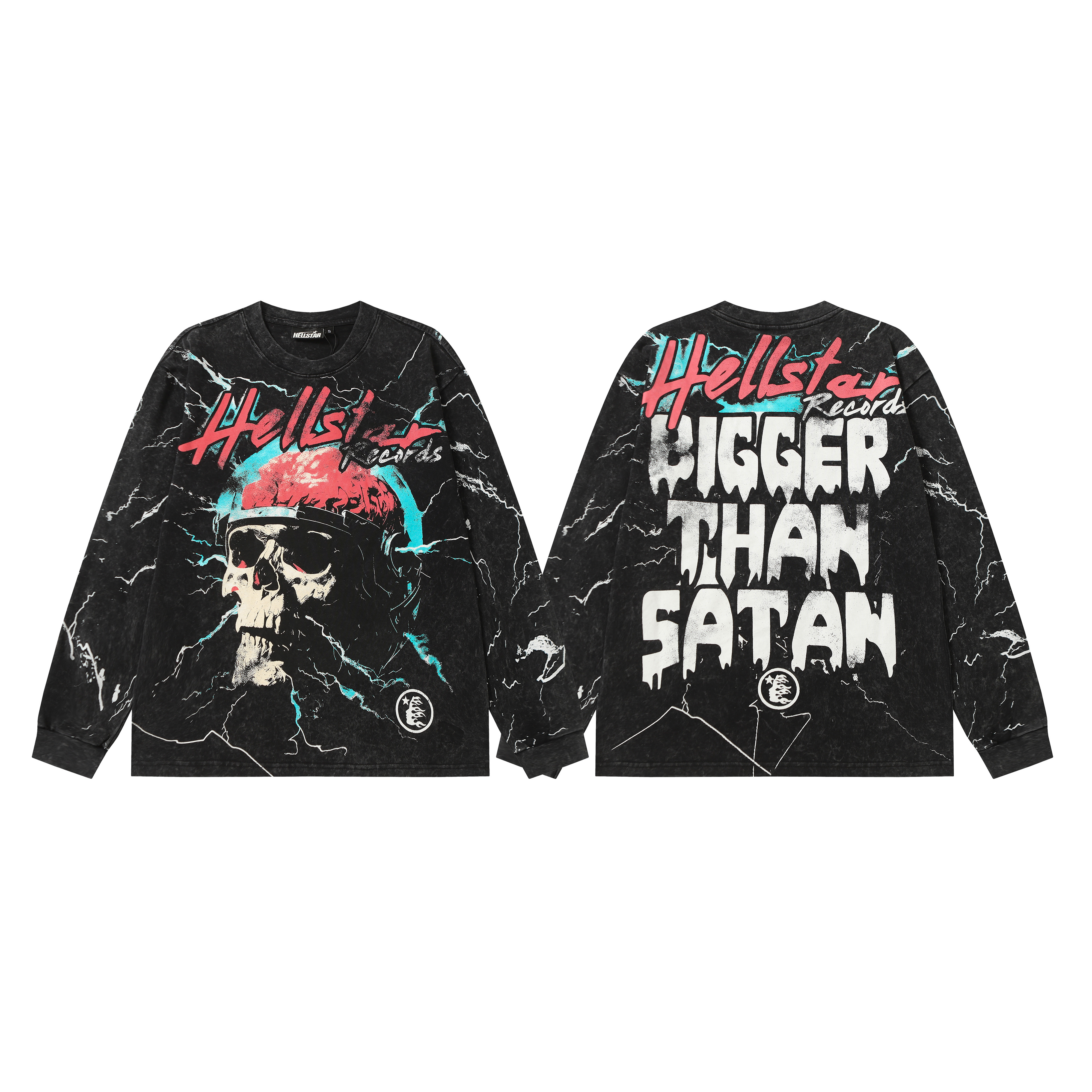 Washed black round-neck long-sleeved shirt with skeleton and lightning print