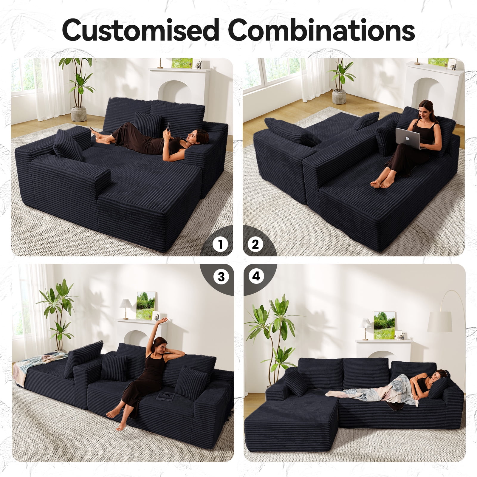 Modern L-Shaped Sectional Sofa for Living Room, 106" Modular Cloud Couch with Deep Seating Upholstered Sofa, Free Combination Sofa, Oversized 3-Seater, Corduroy Upholstery, Double Foam, No Assembly