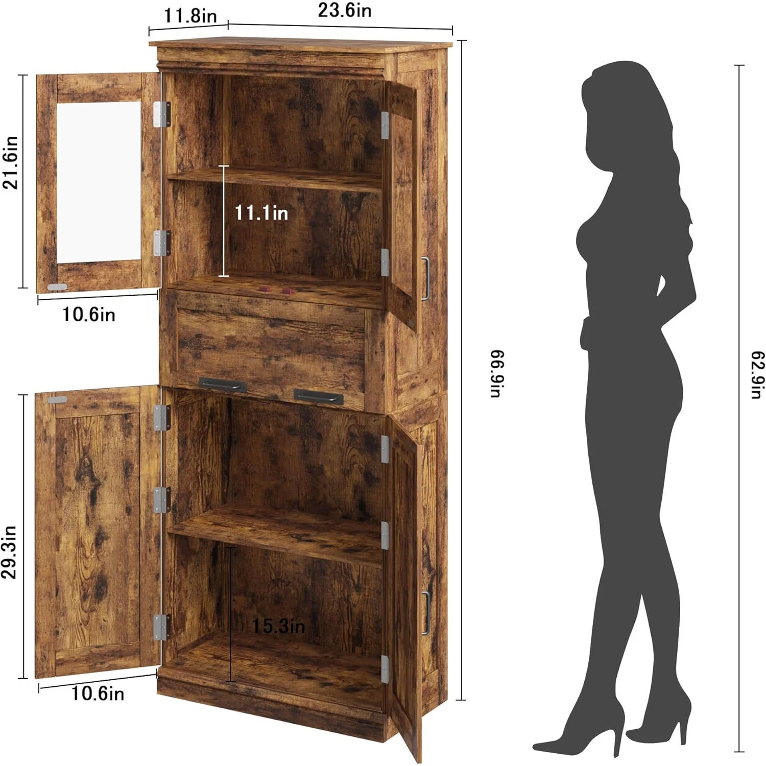 Roromall Bathroom Cabinet, Tall Storage Cabinet with Doors Adjustable Shelf, Freestanding Floor Pantry Cabinet for Kitchen, Living Room, Laundry Room, Home Office