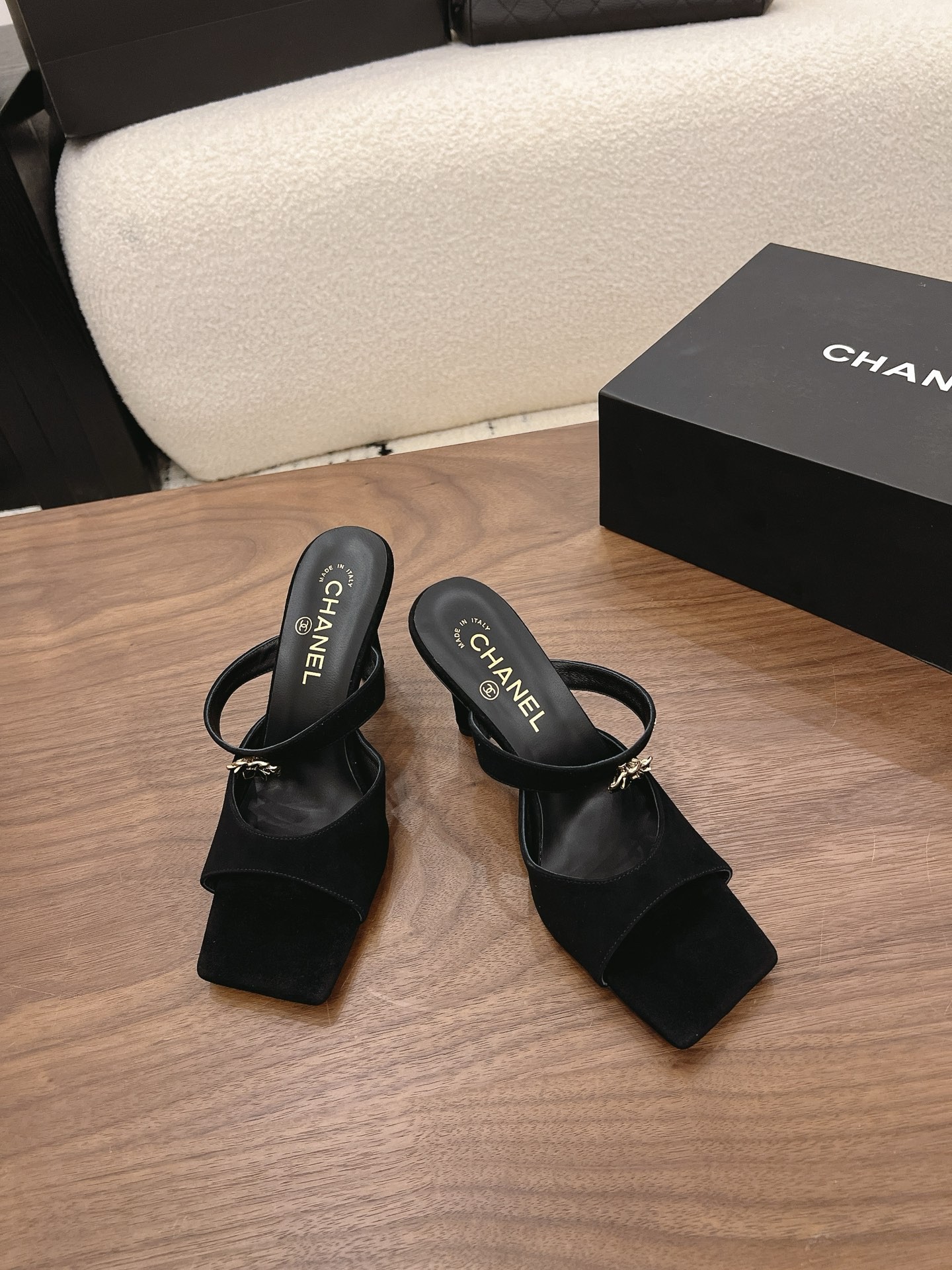 Chanel 26K Black Camellia Buckle Suede Leather Square Toe Sandals Mules Heels