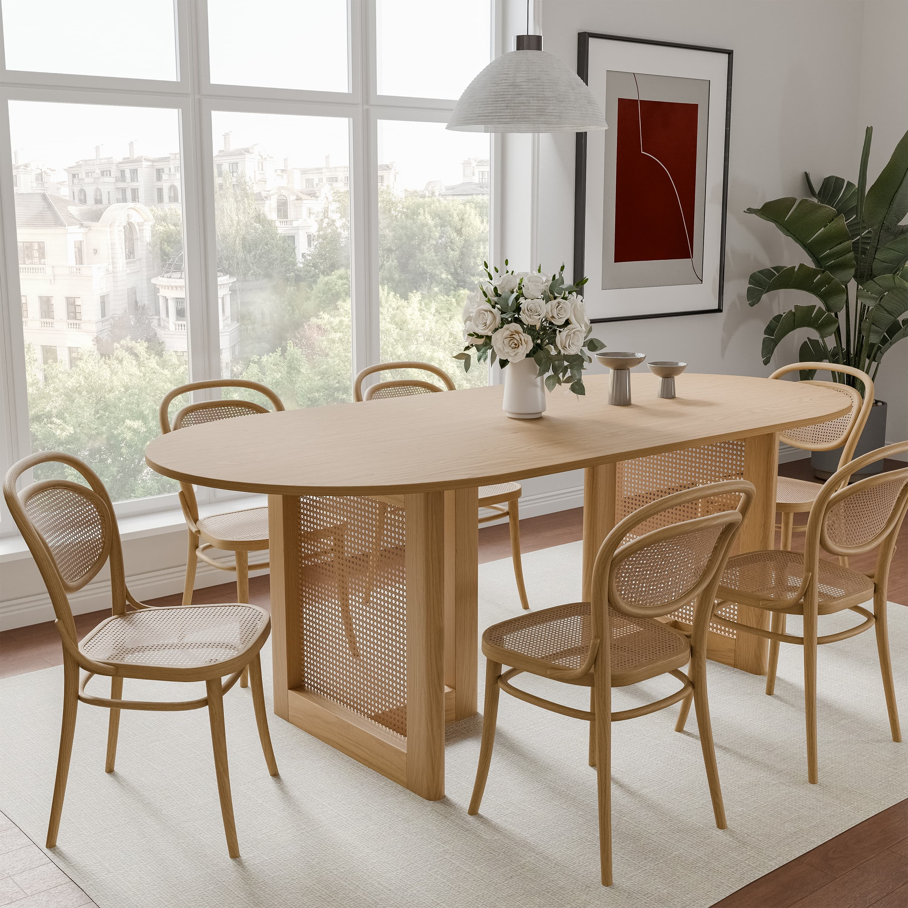 MAYEERTY Wood Oval Dining Table, Mid-Century Modern Dining Table with Rattan Legs, 67"x33.5"x30", Wood Color