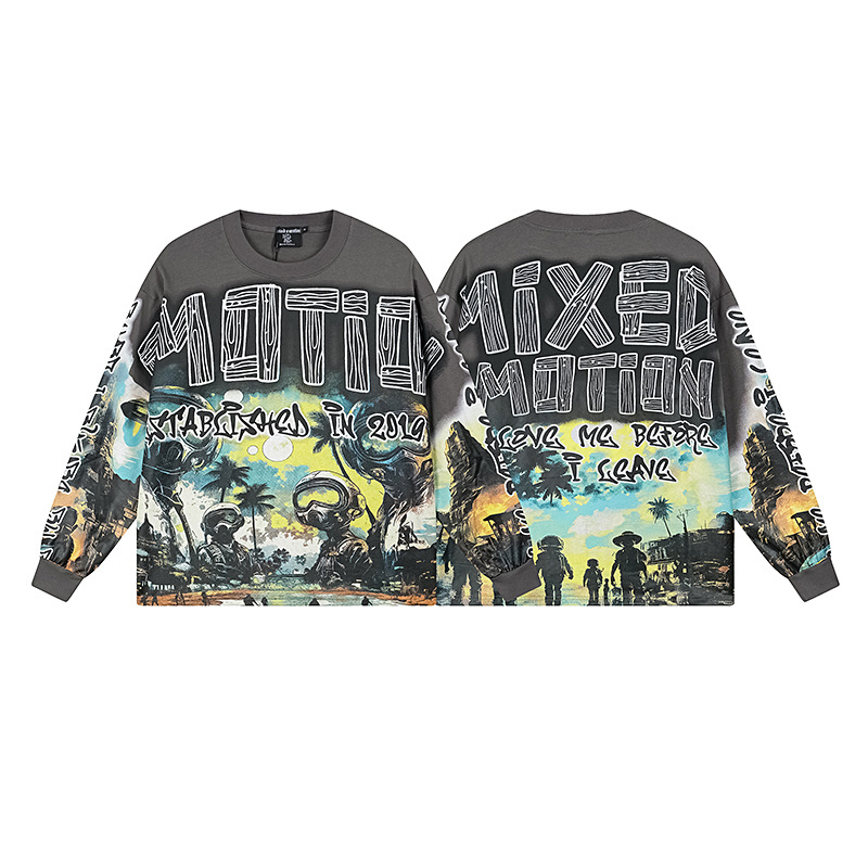 Southeast Asian style coconut tree scenery printed round neck sweater