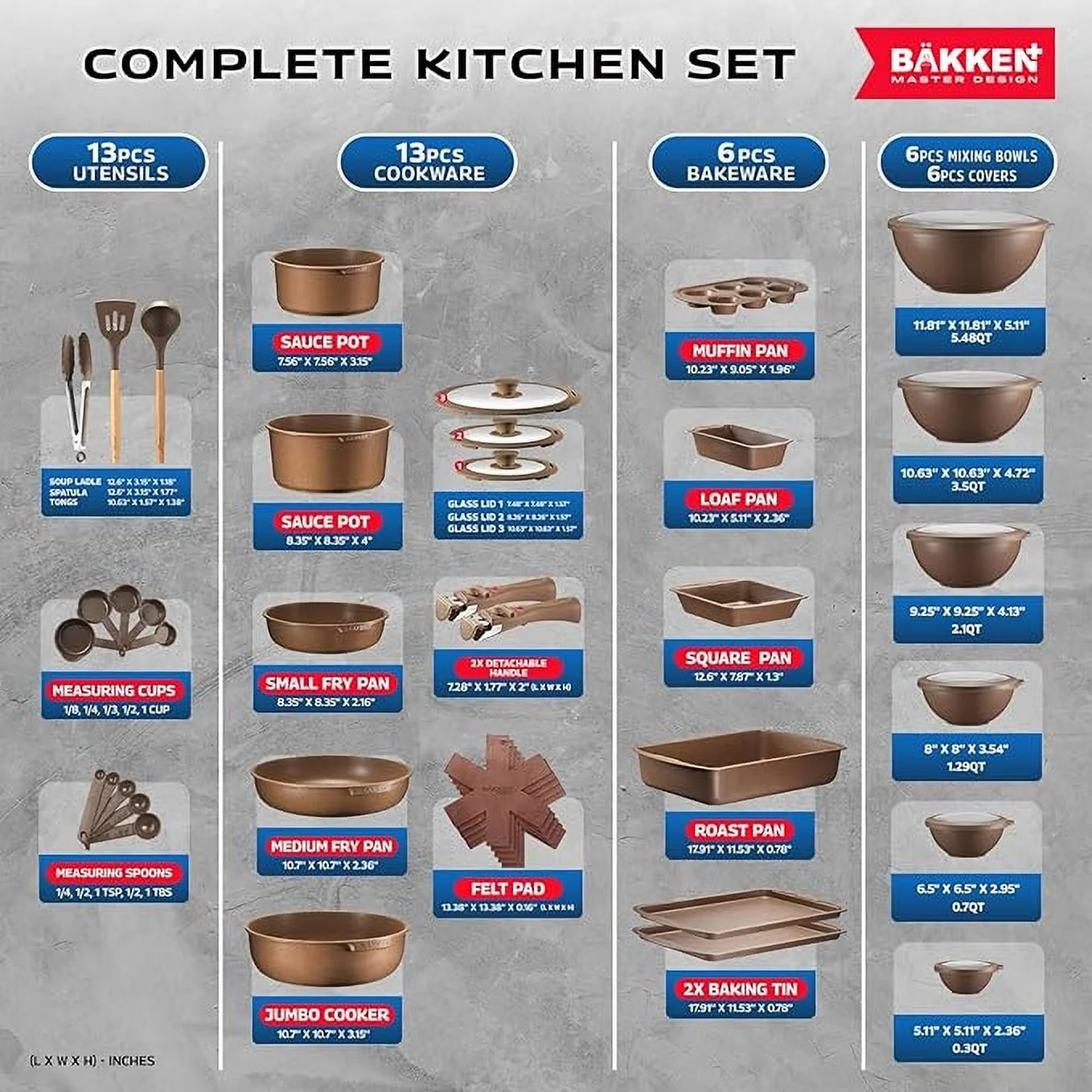 Bakken Master 38 Piece Granite Cookware and Bakeware Set C Nonstick Granite Coating, Pots and Pans with Detachable Handles and Tempered Glass Lids, 6-piece Bakeware set, 12-piece Mixing Bowls,Brown