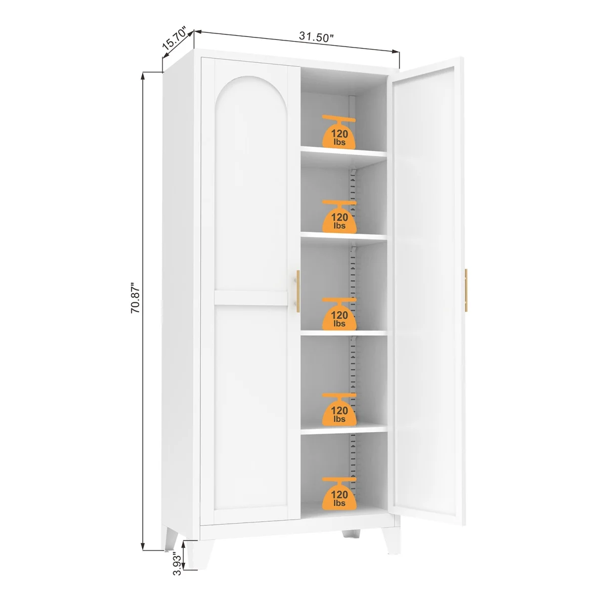 Metal Storage Cabinet with Doors and Adjustable Shelves,71'' 2 Shapely Doors Cabinet,5-Tier Tall Steel Locker for Bedroom,Living Room,Office,Home,White