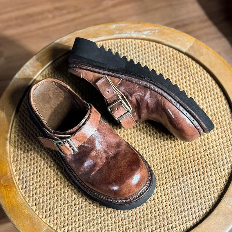 Goodyear handmade men's thick-soled heightening horse skin cool slippers