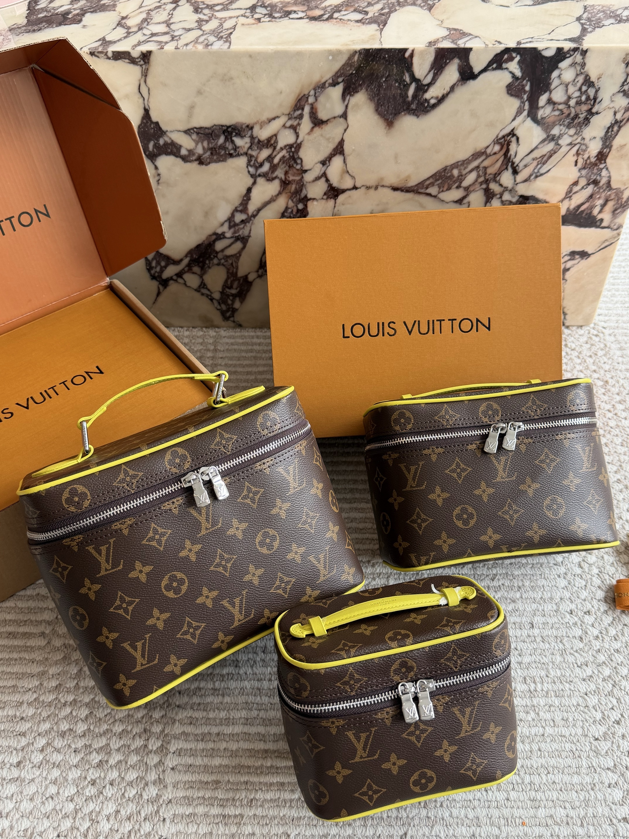 LV Neon Yellow Trim Nice Vanity Case Box Monogram Coated Canvas Shoulder Top Handle Bag