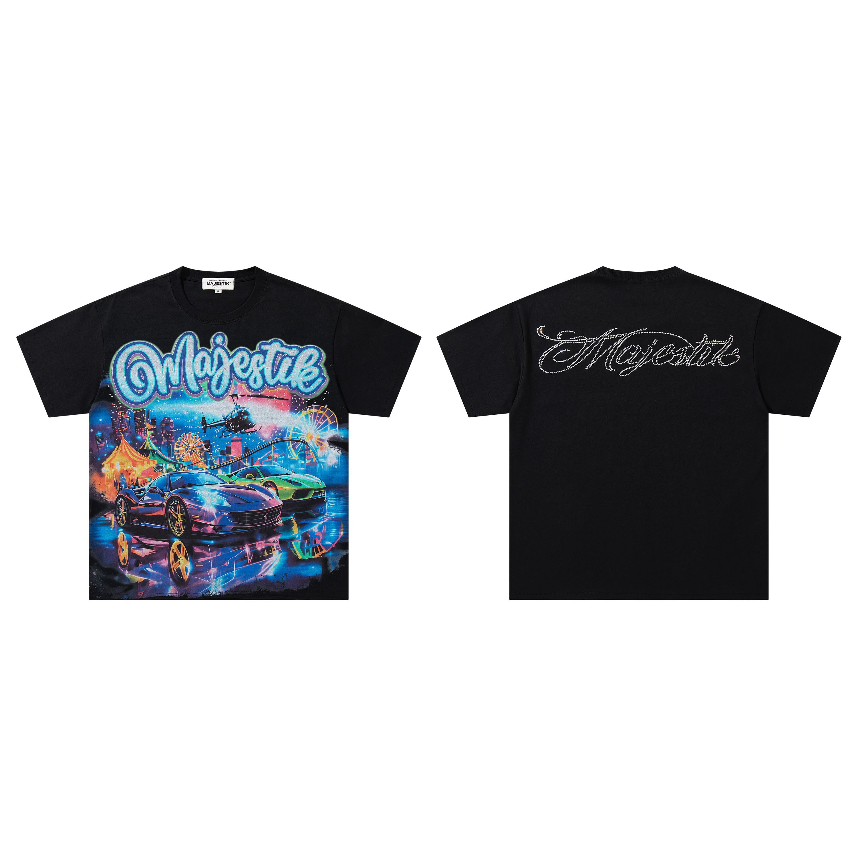Colorful and glowing car amusement park scene short-sleeved shirt