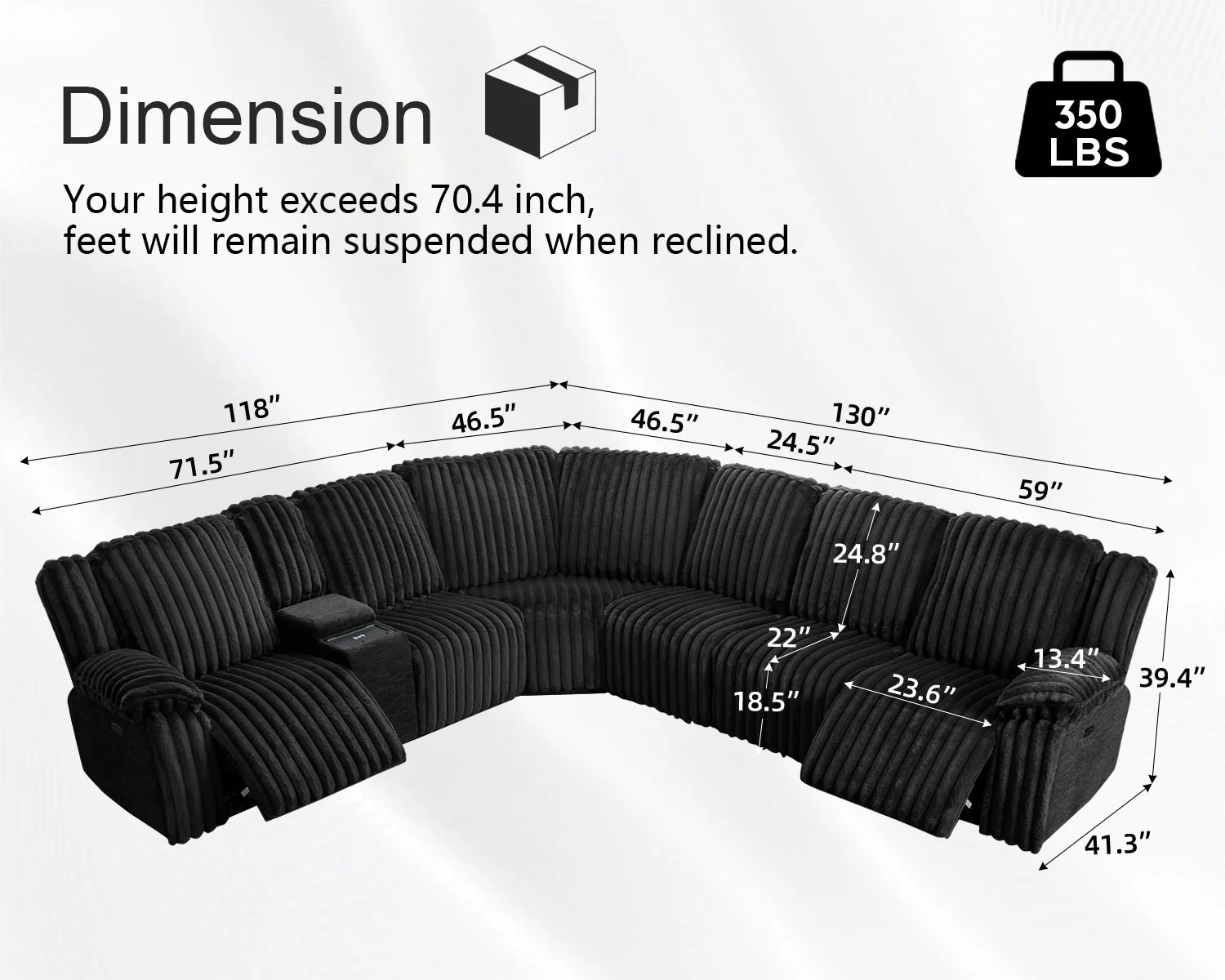 Power Reclining Sectional Sofa with Wireless Charger,6-Seater Faux Fur Sectional with Recliners,Hidden Cup Holders,Storage Console,USB & Type-C Ports,Black