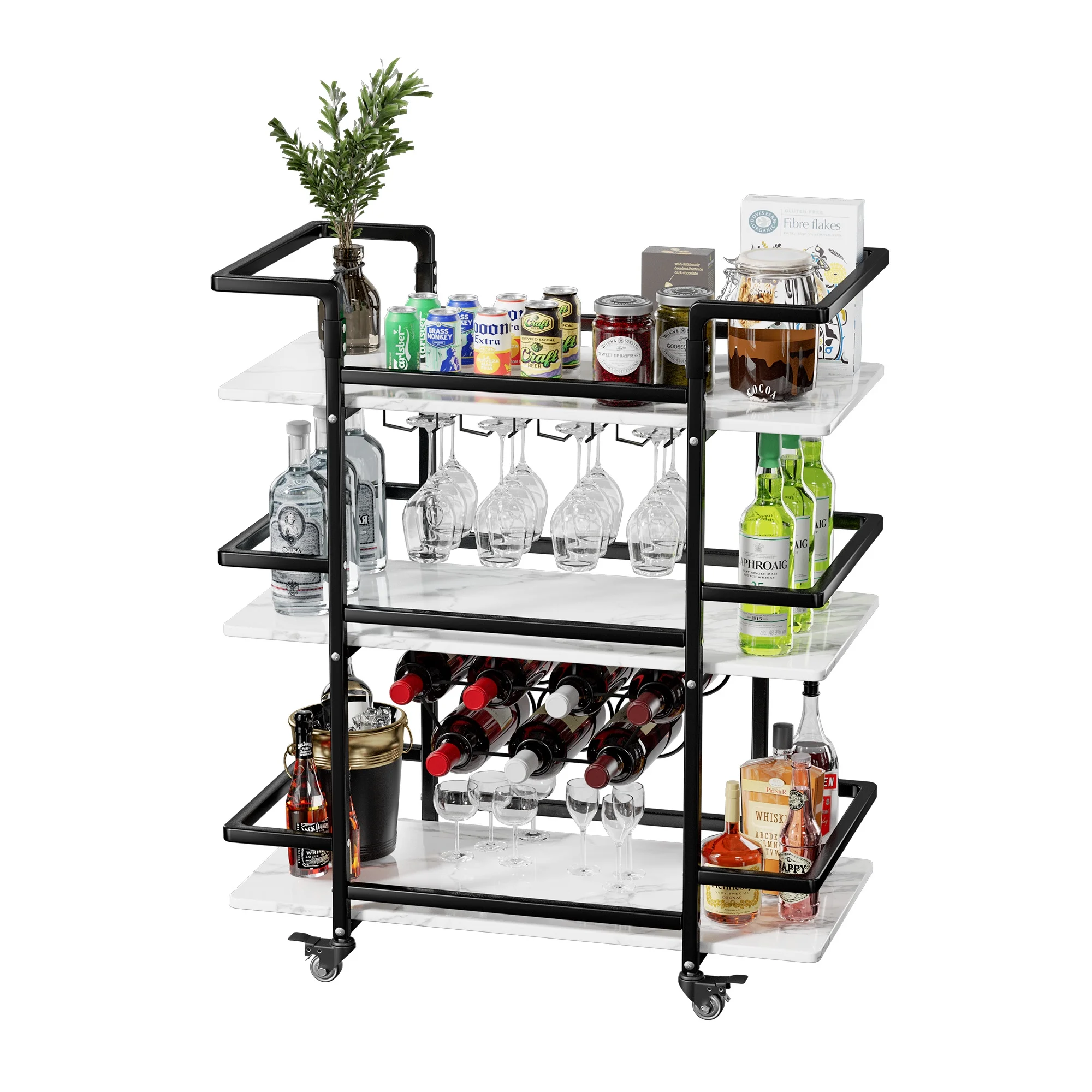 BENOSS 3-Tier Home Bar Cart with Wine Rack and Glass Cup Storage, Mobile Serving Wine Cart on Wheels, Modern Drink Trolley for Coffee Tea Wine, Beverage Bar Table for Home Kitchen Party, Black