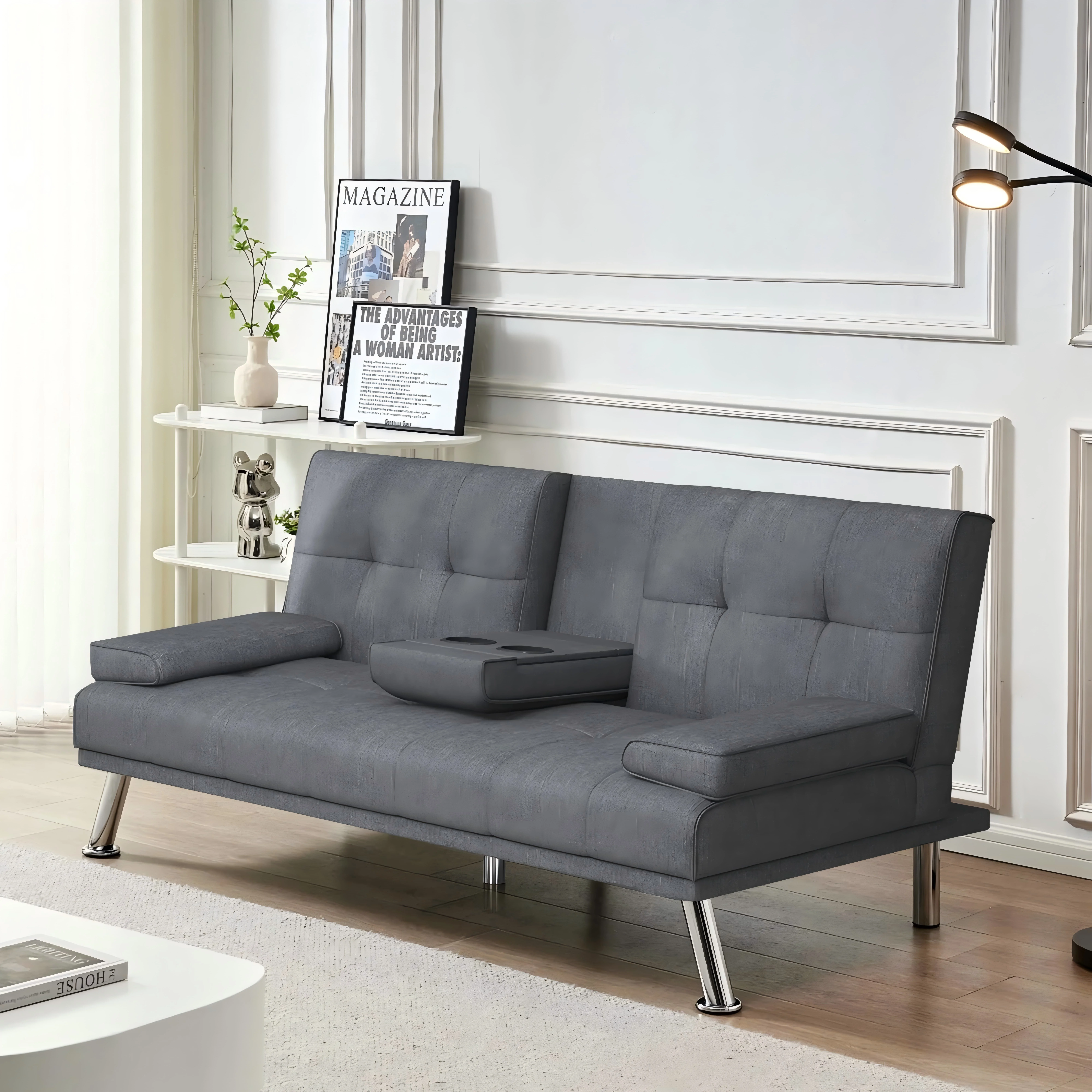 Clipeyh Modern Sofa Bed Folding Linen Futon Removable Armrests with 2 Cupholders Metal Legs
