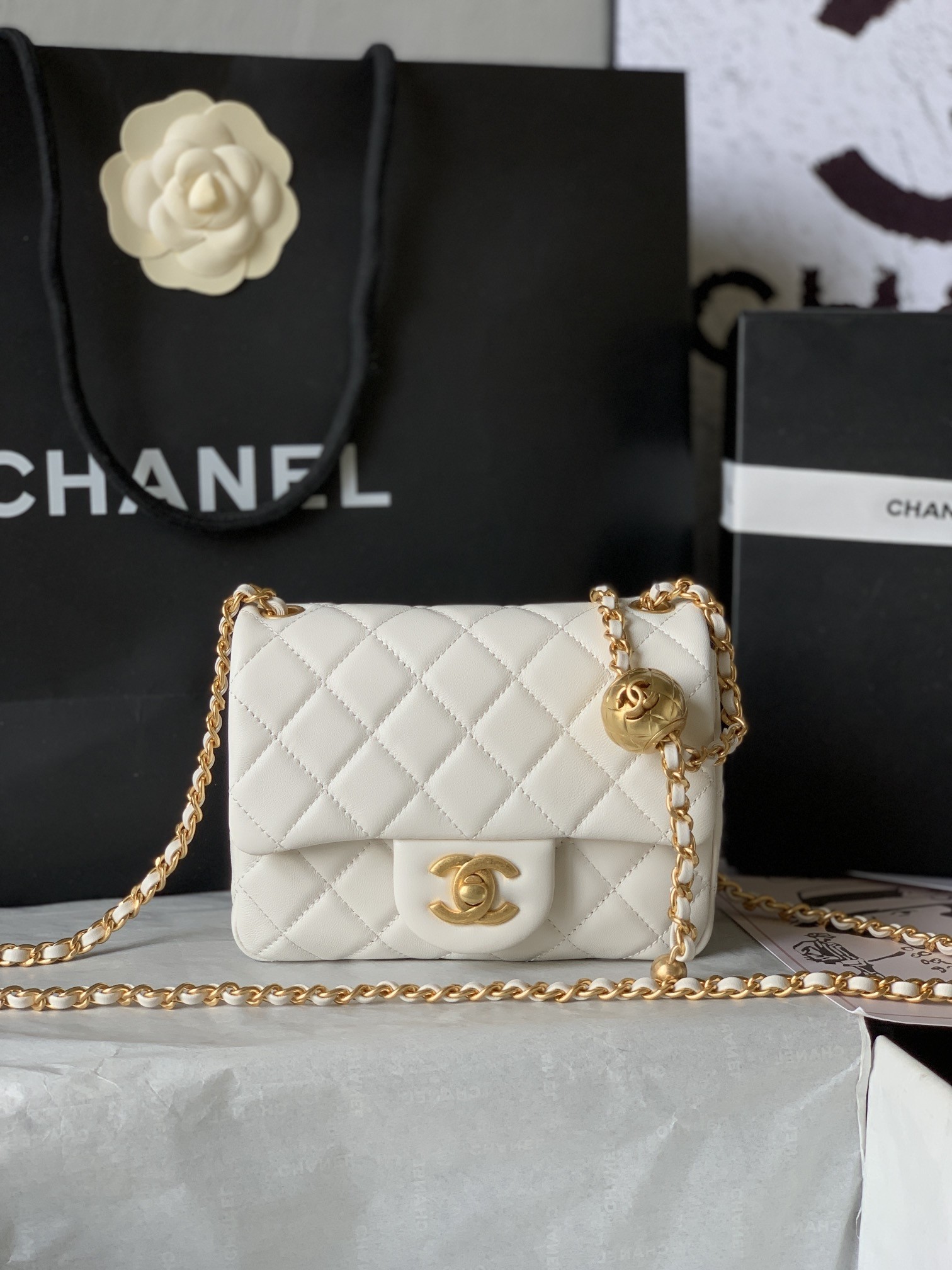 Chanel Mini Square CF 17CM Gold Ball Pearl Crush Quilted Leather Flap Chain Shoulder Bag /10A
