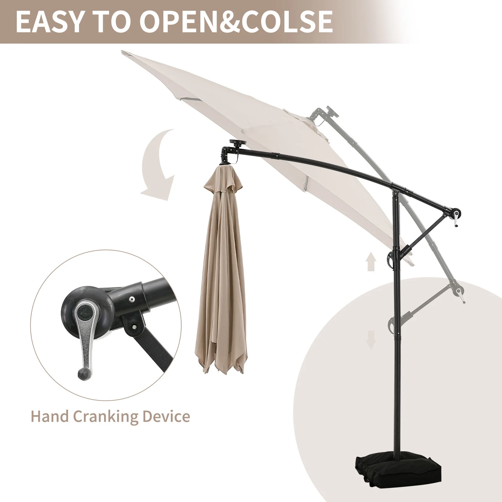 Ainfox 10ft Cantilever Patio Umbrella with Lights, Offset Market Umbrella with Sandbags Weighted Base and Cross Base,Khaki