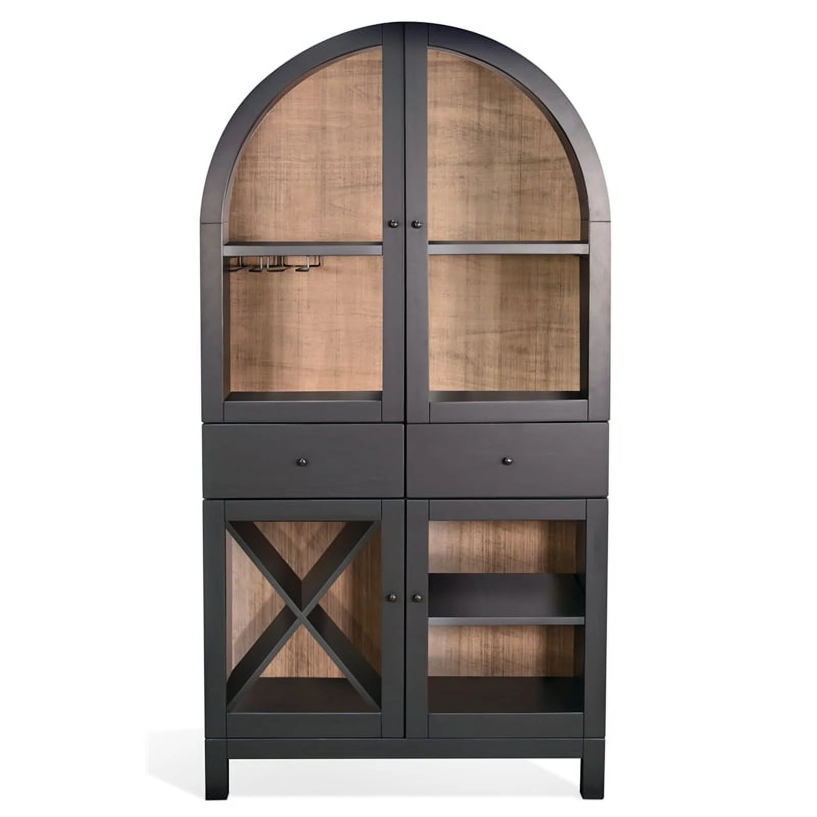 Sunny Designs Arched Wood Wine Bar Cabinet with Built-in Stemware Rack for Wine Glasses