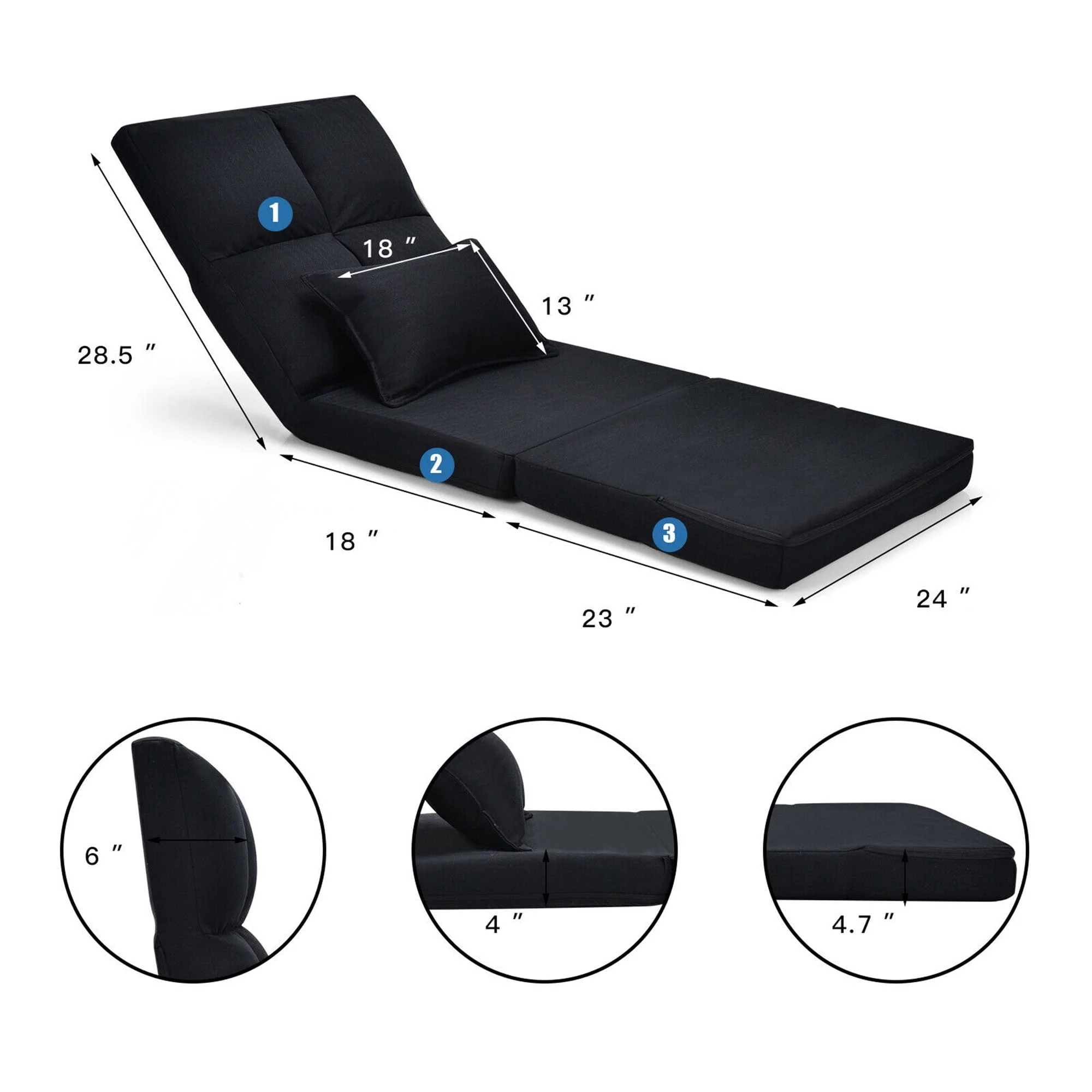 Gymax Flip Chair Convertible Sleeper Couch Futon Bed Lounger w/Pillow Black
