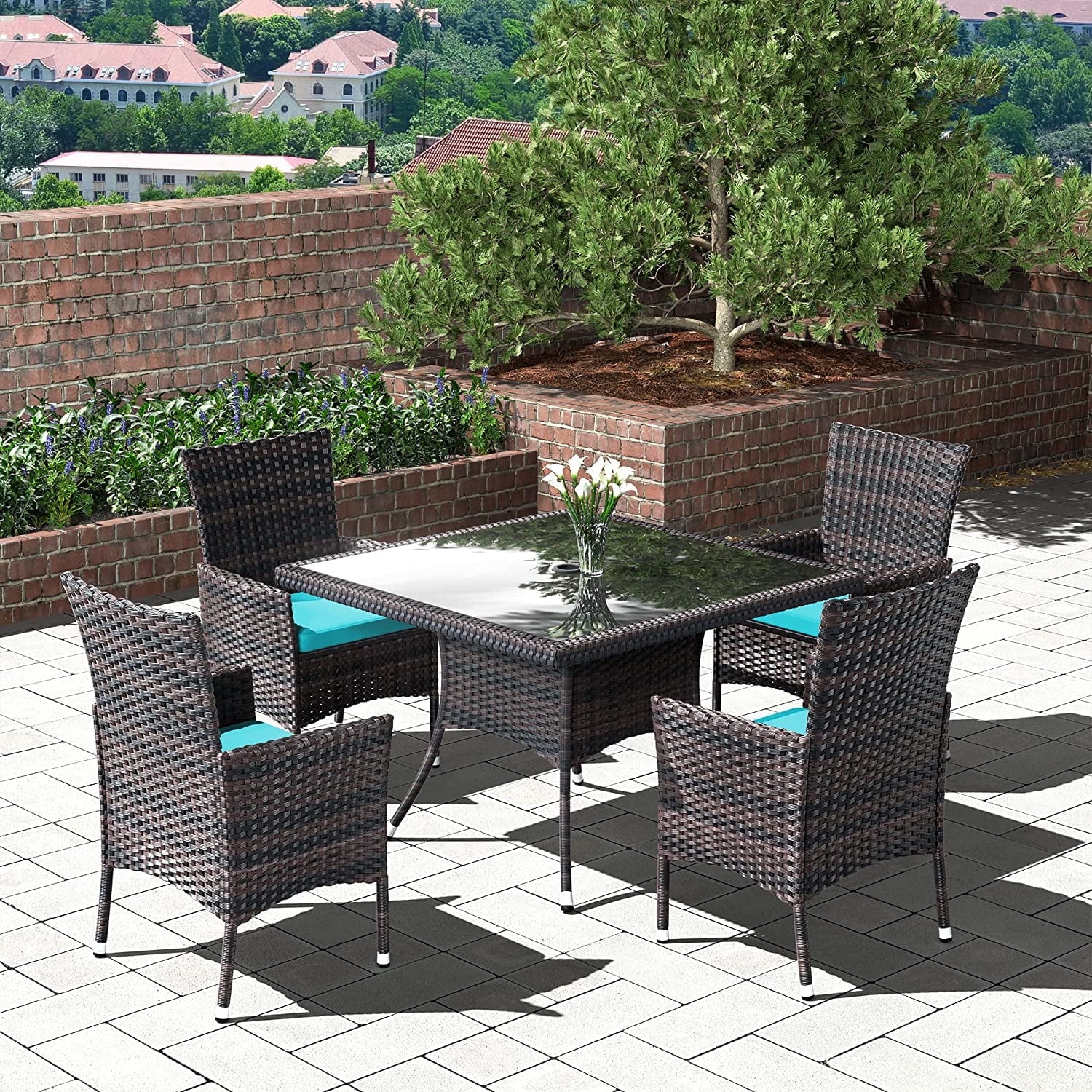 ALAULM 5 Pieces Patio Dining Set Outdoor Rattan Furniture with Square Glass Tabletop 4 Chairs with Cushions for Patio, Backyard Outdoor Kitchen Lawn & Garden Blue
