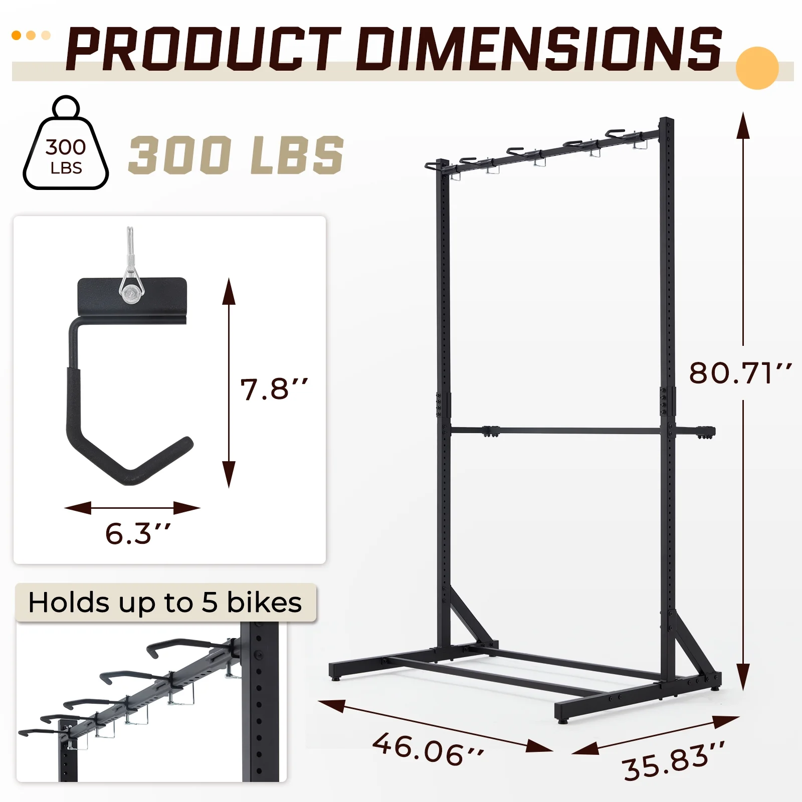 Danrelax Freestanding Bike Storage Rack, 300 lbs 5 Bikes Capacity, Vertical Bike Rack for Garage, Adjustable Hooks, Indoor Bicycle Storage Stand for Home, Black