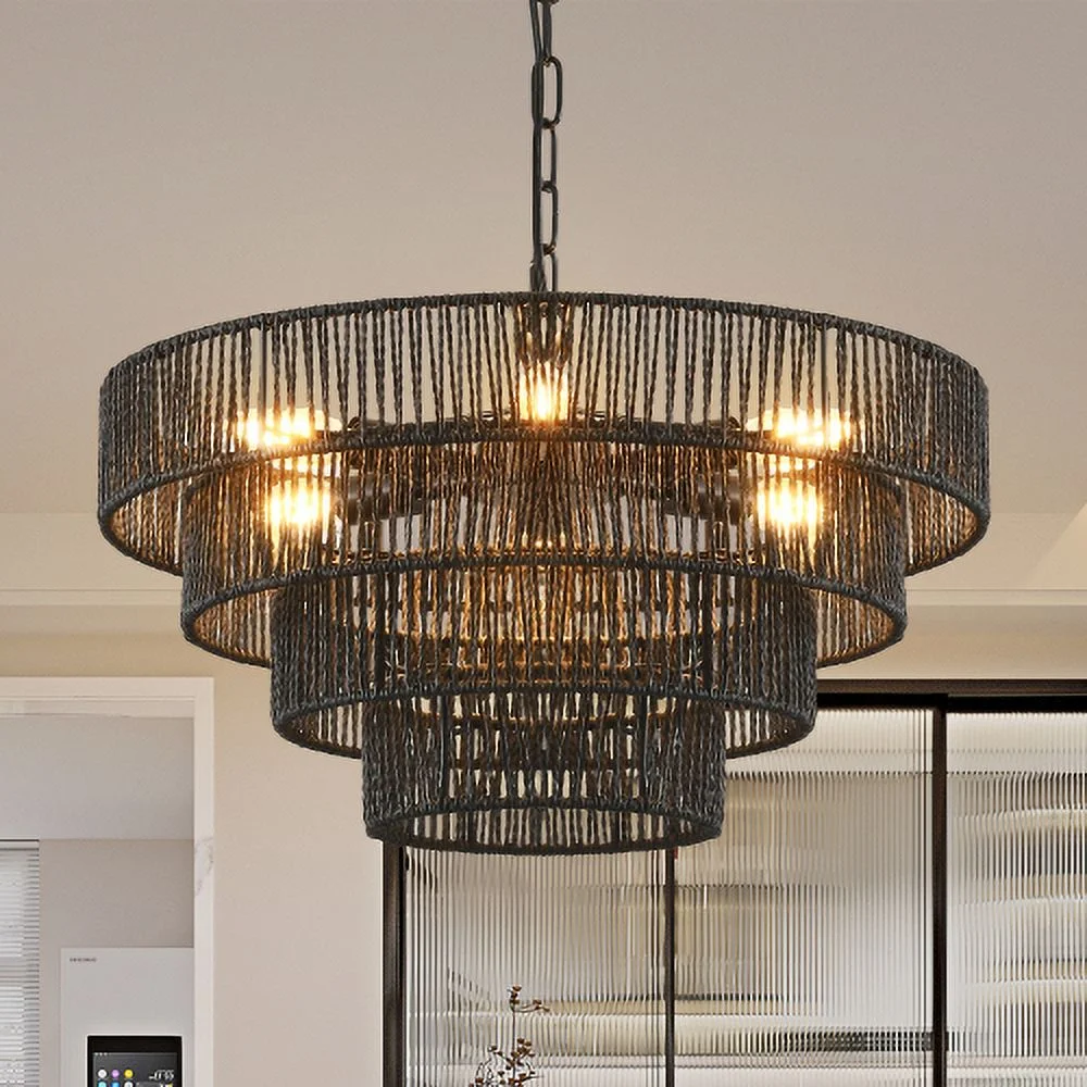 ACE-LIGHTS,Rustic 4-Tier Height Adjustable Hemp Rope Chandelier(Bulb Not Included),Pendant Light,Handmade Tiered Boho Ceiling Light Fixture for Living,Dining Room,Kitchen,Foyer(Black