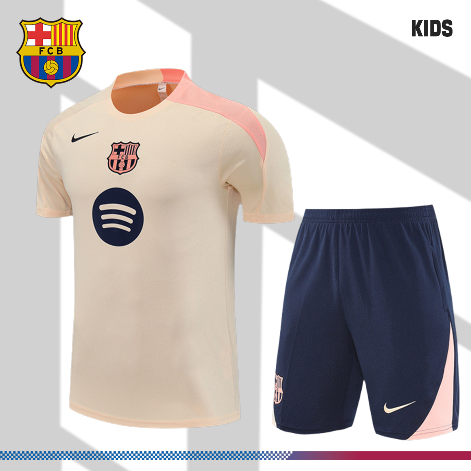 2024/2025 Barcelona Beige Kids Short Sleeve Training Clothes (Kids Kit)