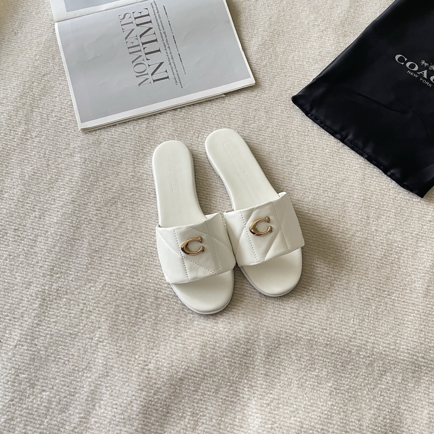 Coach Quilted Gold C Logo Flat Slides