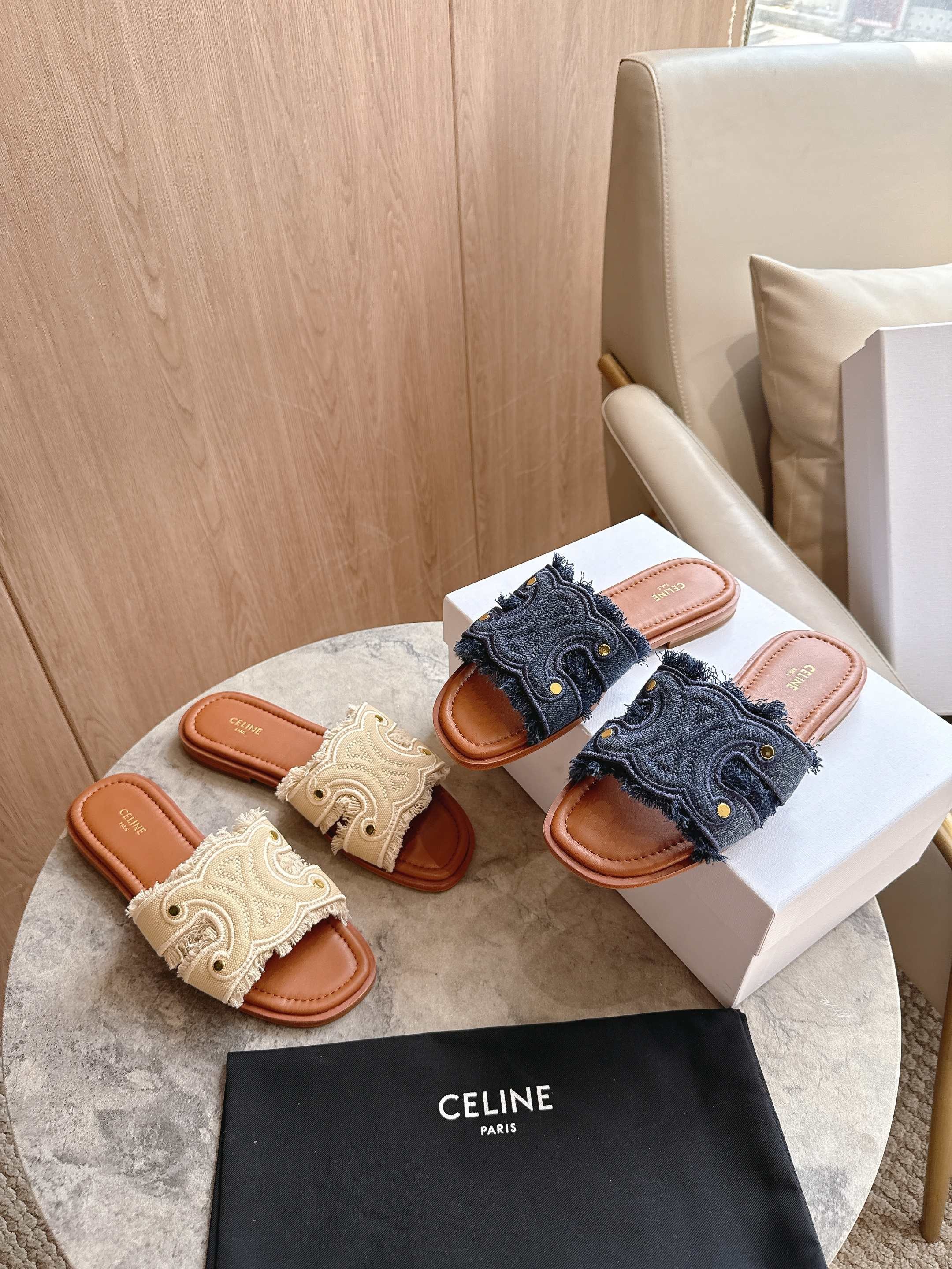 Celine Triomphe Logo Aged Gold Studs Embroidered Featuring Raw Fringe Canvas Flat Sandals