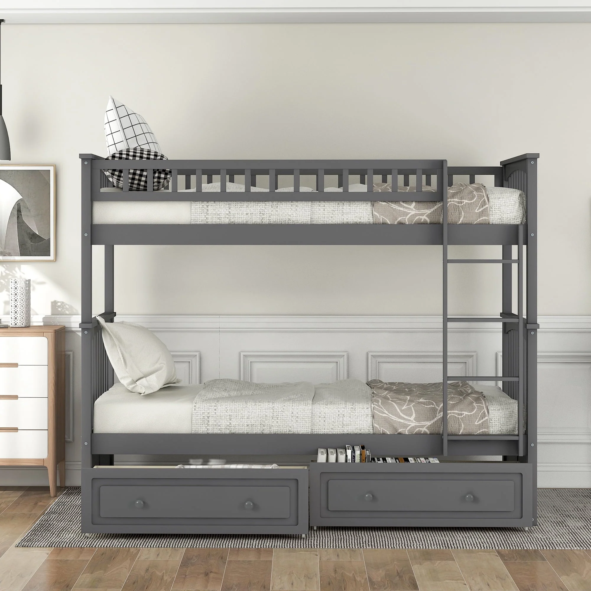 Euroco Pine Wood Bunk Bed with Storage 2 Drawers, Twin-over-Twin Bunk Bed with Safety Rail and Ladder for Kids, Conveted into 2 Single Beds, Sapce-Saving Design, Gray