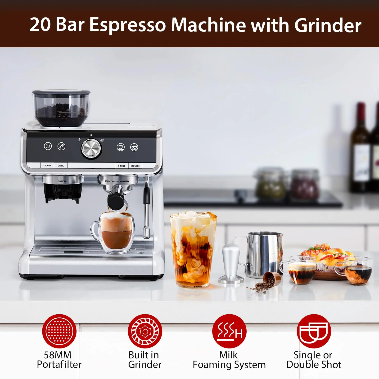 Espresso Coffee Machine with Grinder, 20 Bar Semi-Automatic Espresso Maker with Milk Frother Steamer Wand for Cappuccino, Latte, Macchiato, 2.8 L Water Tank, PID Temperature Control