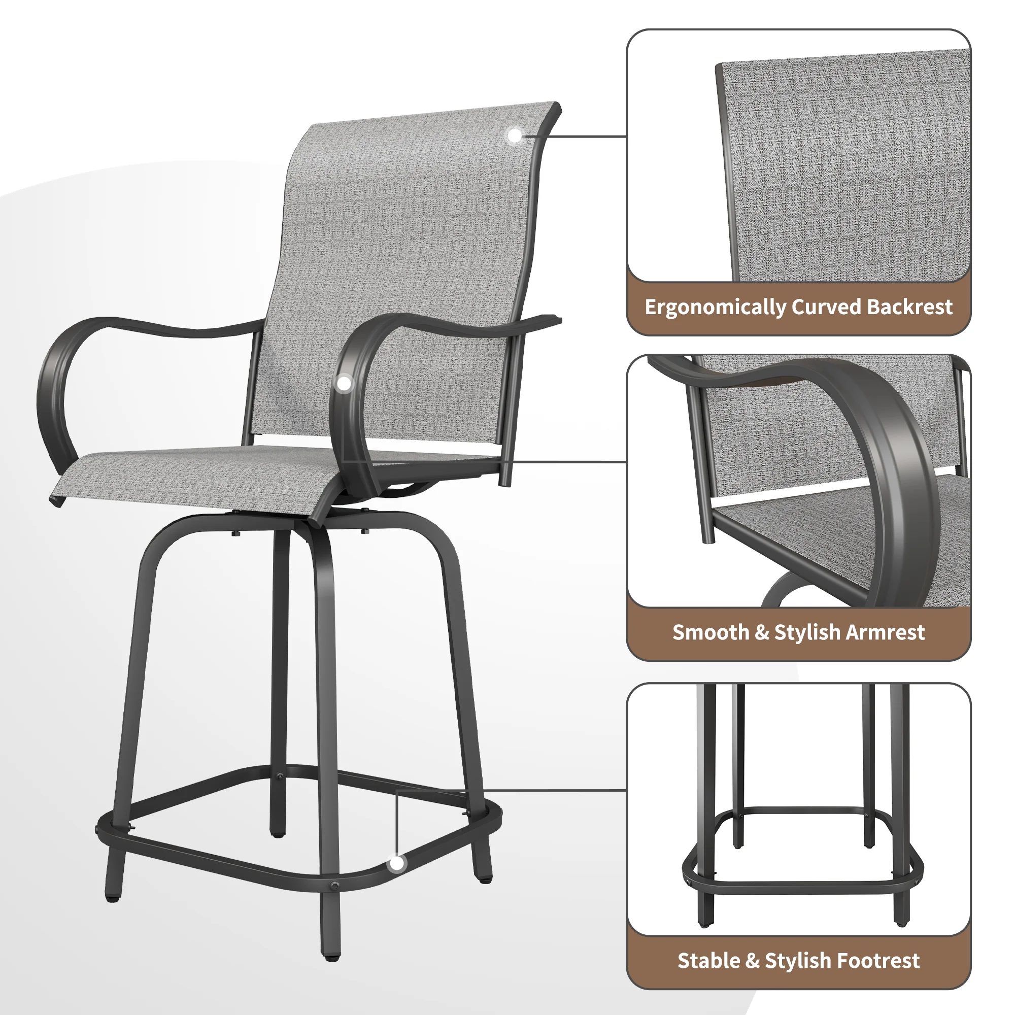 ECOPATIO Outdoor Swivel Bar Stool Collection Kids High Back Weather-Resistant - Set of 2, Light Gray