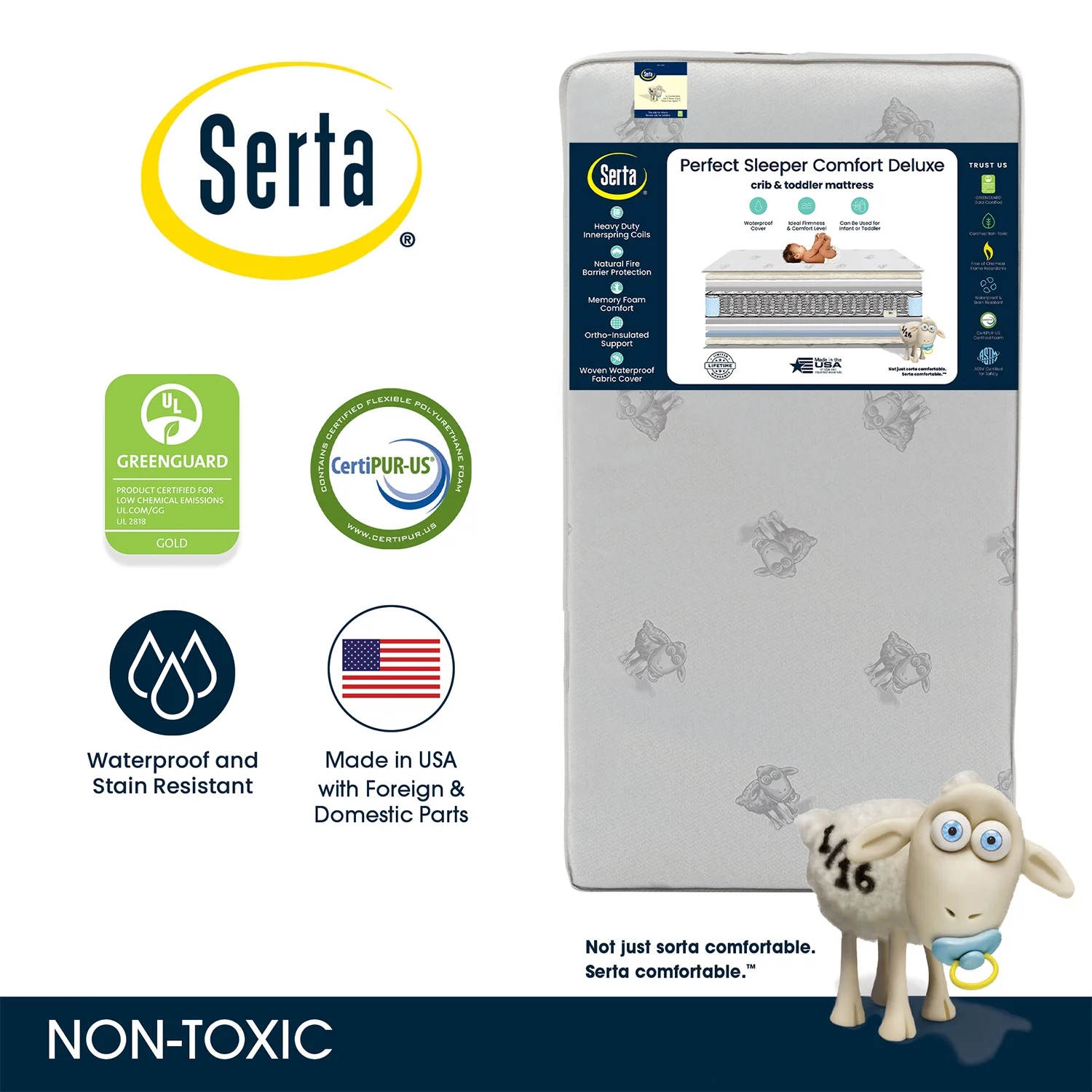 Serta Perfect Sleeper Comfort Deluxe 2- Stage Crib and Toddler Mattress - 220 Inerlocking Coils - GREENGUARD Gold Certified - CertiPUR-US - Made in USA- Lifetime Warranty