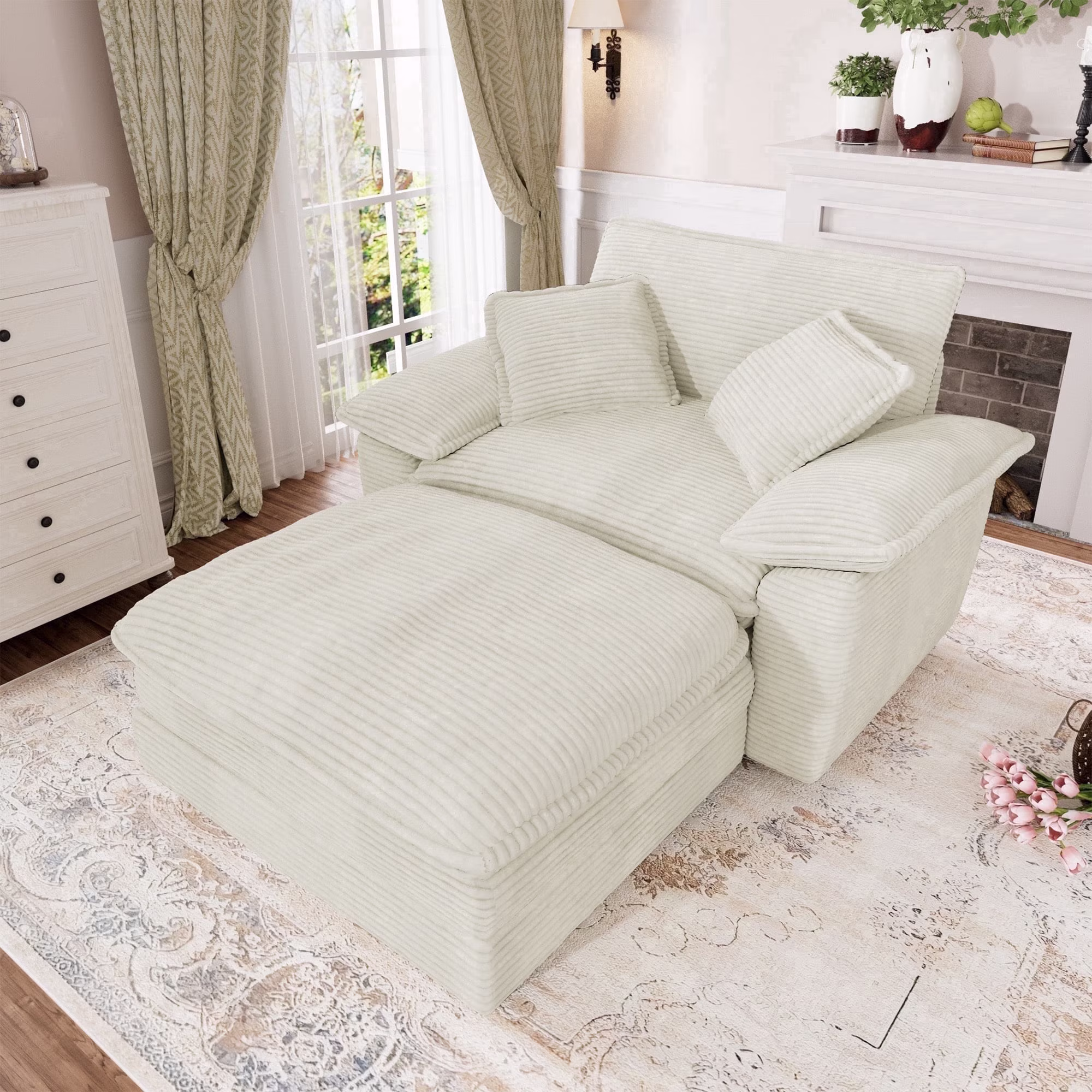 Muumblus Oversized Accent Chair with Ottoman, 48" Indoor Chaise Lounge Cloud Corduroy Sofa Reading Armchair for Modern Living Room, Bedroom, Green