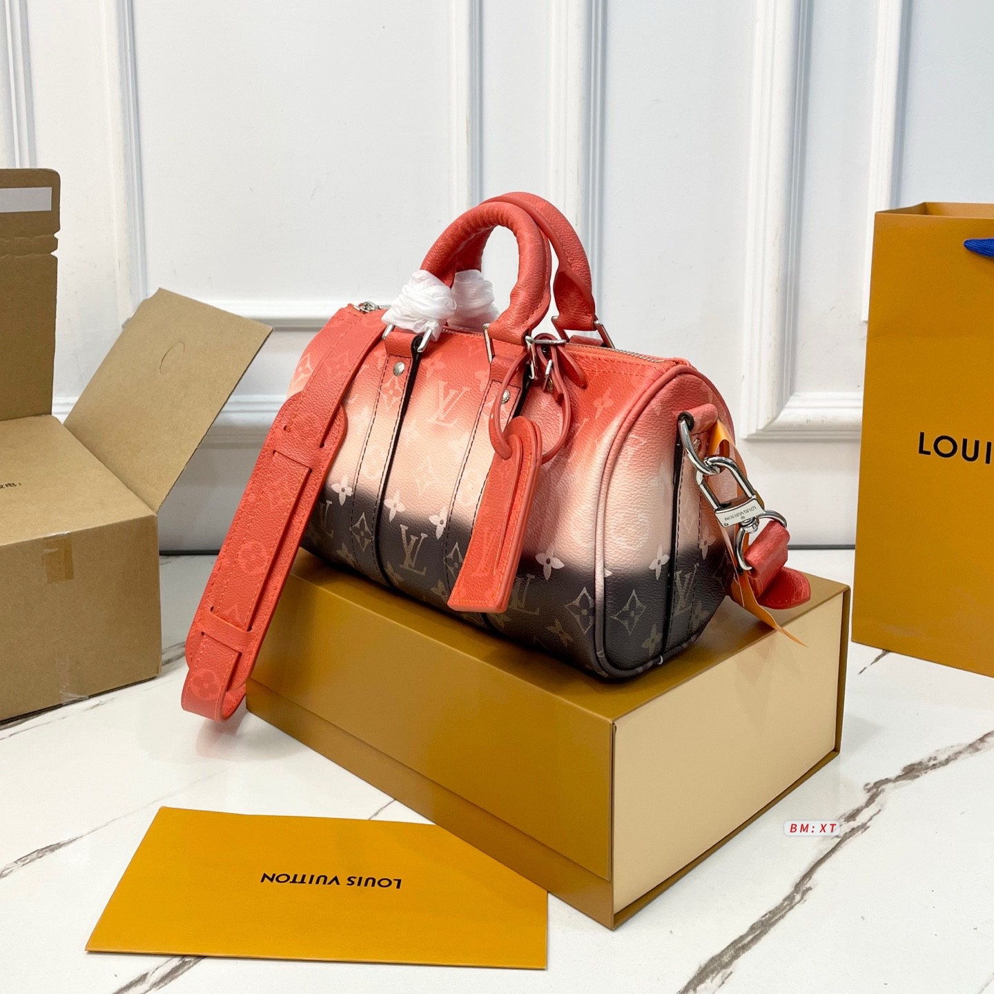 LV Keepall 25 Monogram Sunset Orange Brown Gradient Leather Travel Duffle Barrel Bag