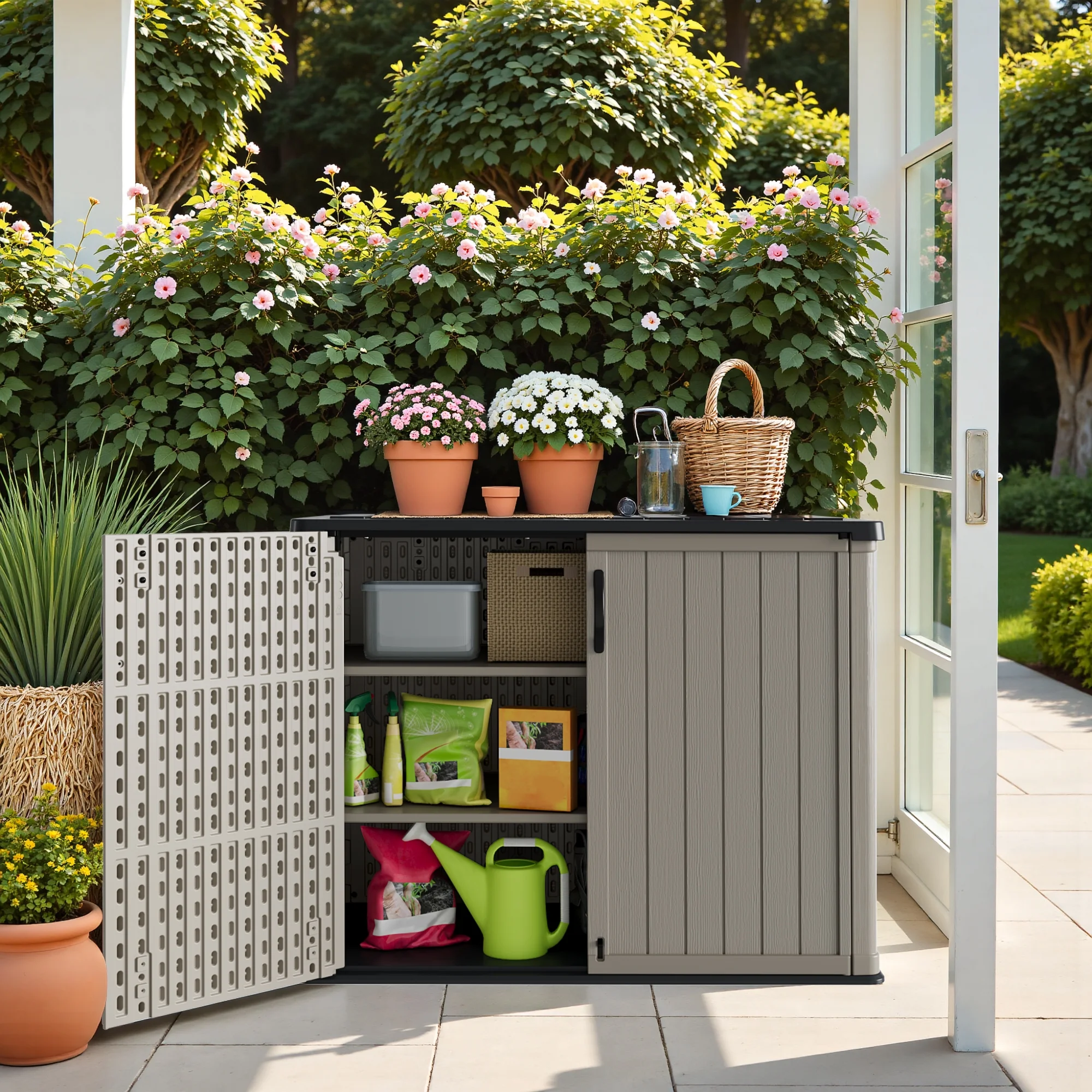 Devoko 26 Cu.ft Resin Outdoor Storage Shed, With Stable Floor and Lockable Door, All-Weather Storage Shed, Beige