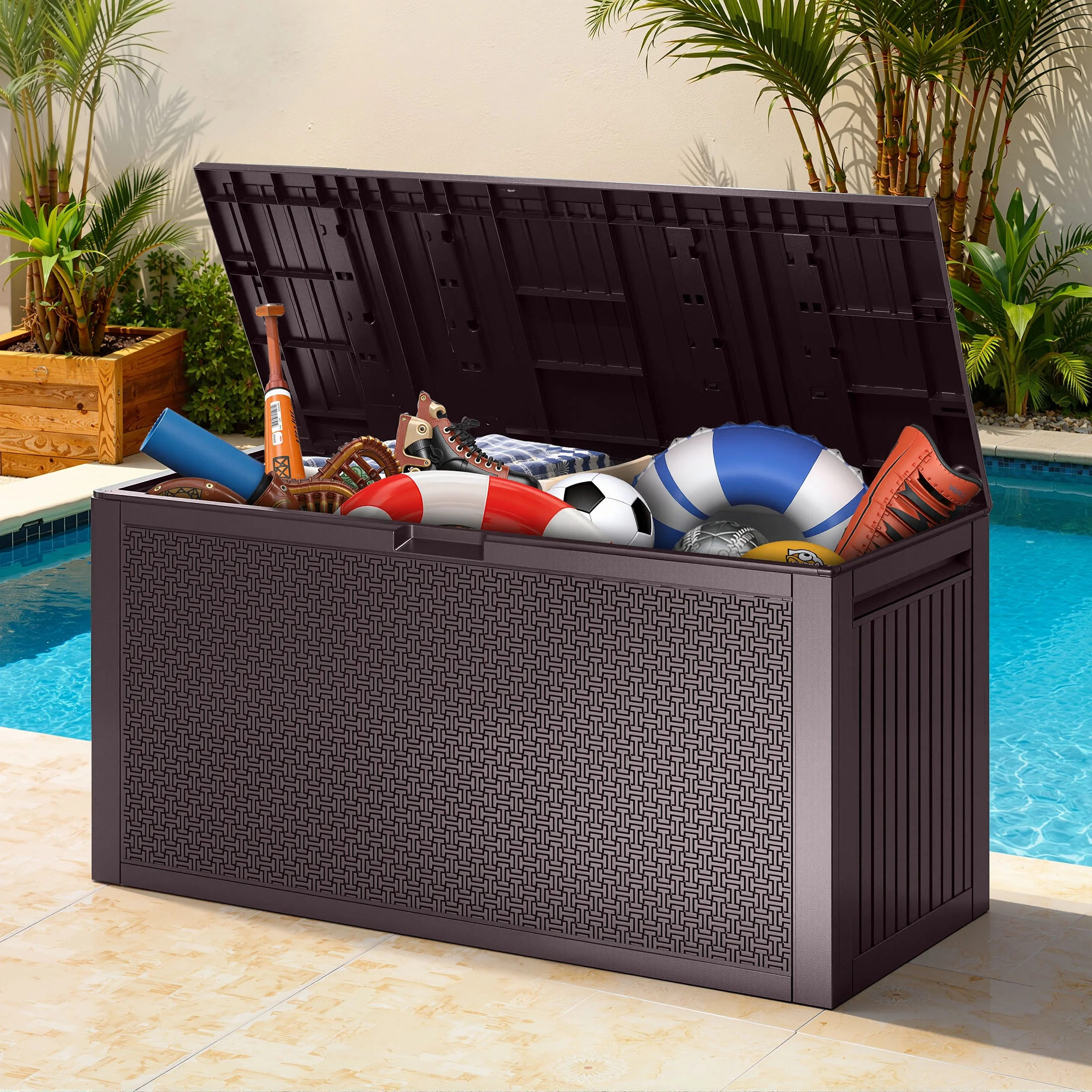 90 Gallon Resin Deck Box, Outdoor Lockable Storage Container for Patio Cushions, Garden Tools, Pool Supplies, Toys, Waterproof and UV Resistant, Brown
