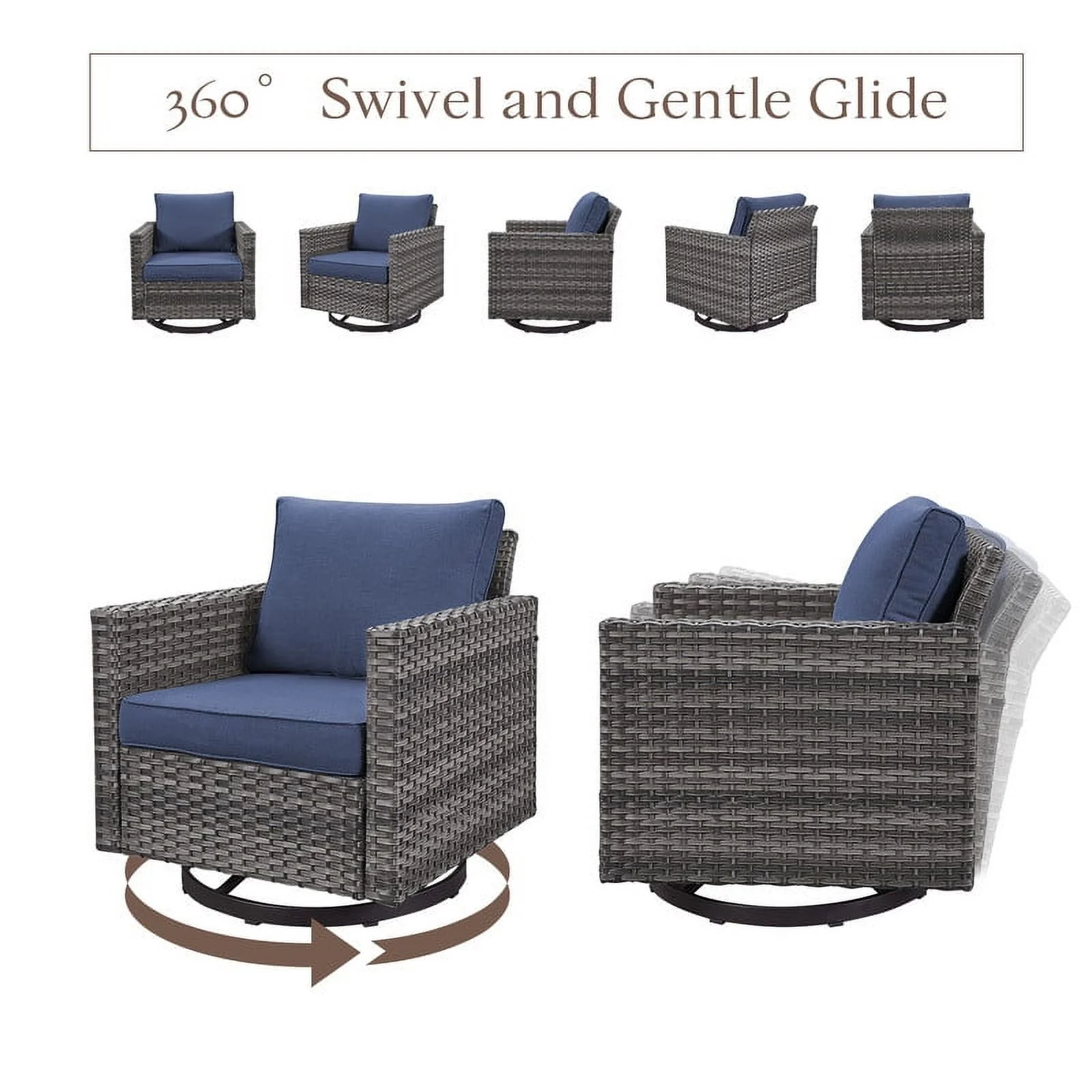 PARKWELL Outdoor Swivel Glider Chair Set of 2, Patio Swivel Rocking Lounge Chair with Navy Cushions for Balcony Patio, Gray Wicker