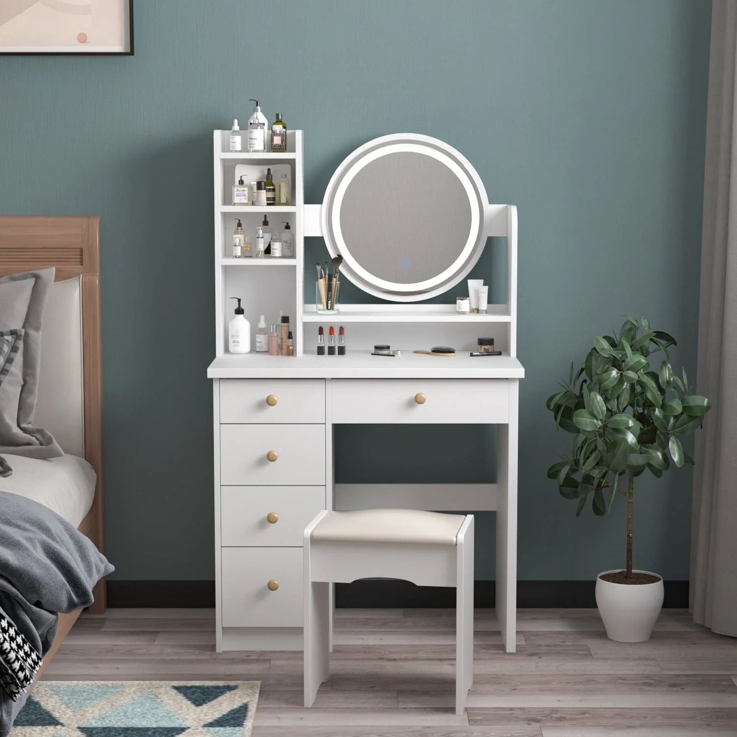 Makeup Vanity Dressing Table with 5 Drawers and Shelves, Vanity Set with Lighted Round Mirror, White Dresser Desk and Cushioned Stool Set