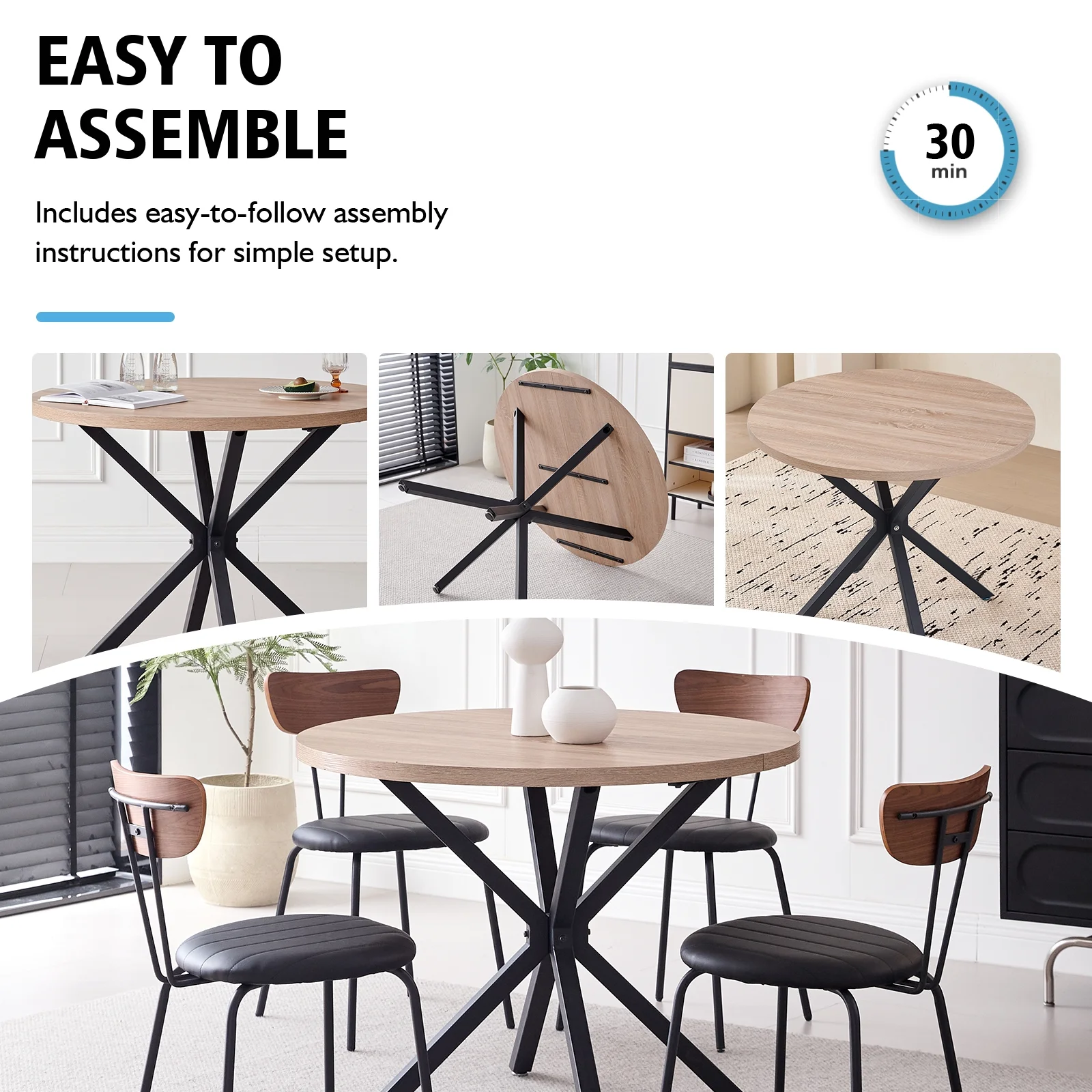 39 Round Dining Table, Modern Small Kitchen Table for 4 with X-Shaped Metal Legs and 1.2" Thickness Tabletop for Kitchen Dining Room, Coffee Table, Oak