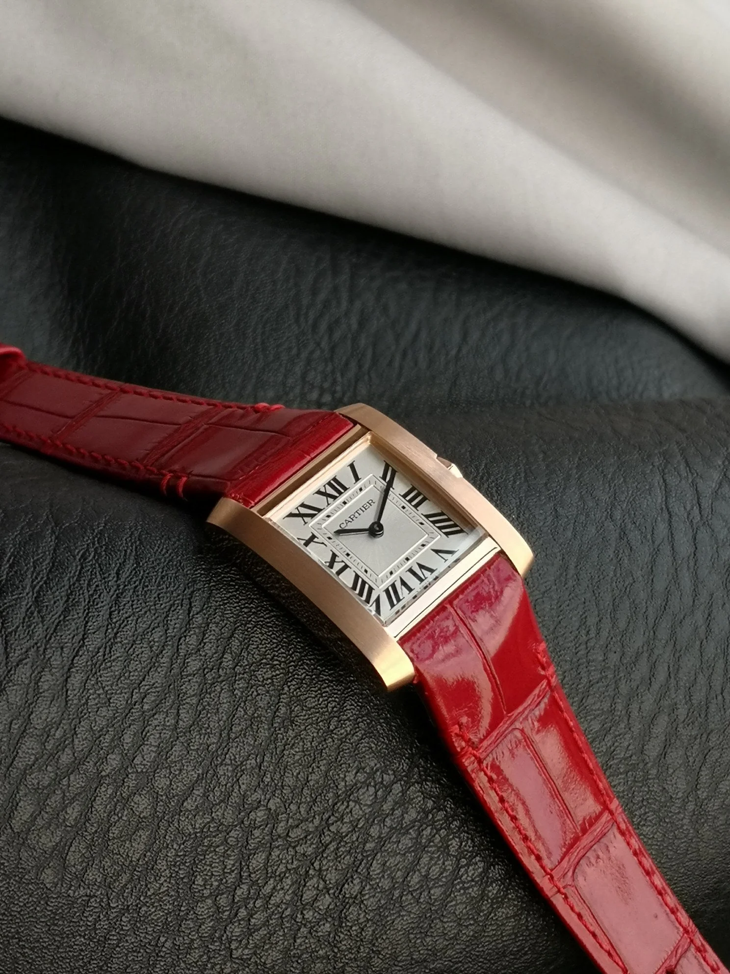 Cartier Watch Tank Francaise Pink Gold Case Red Leather Strap