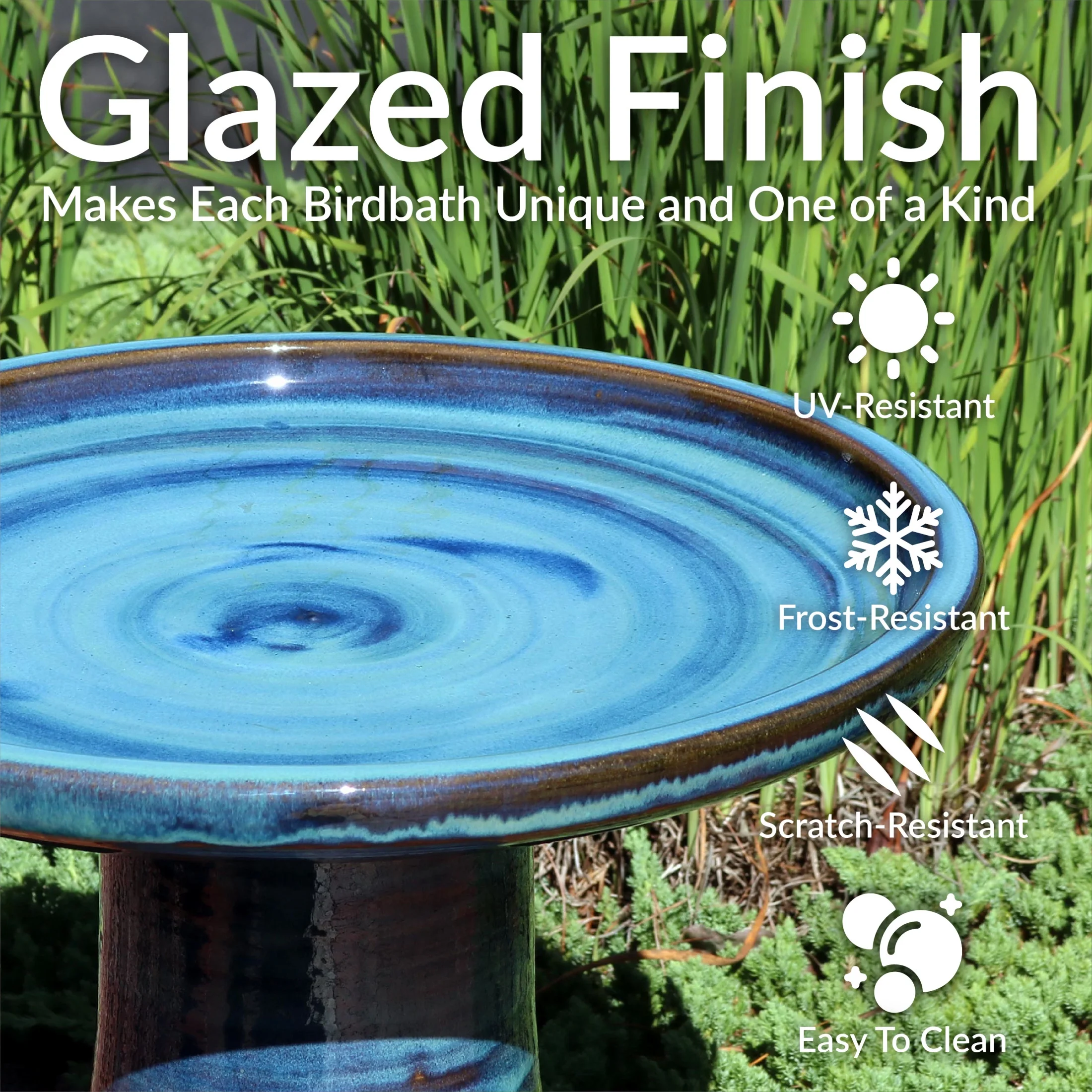 Sunnydaze Freestanding Ceramic Outdoor Bird Bath, Glazed, UV-Resistant Galaxy Blue Finish