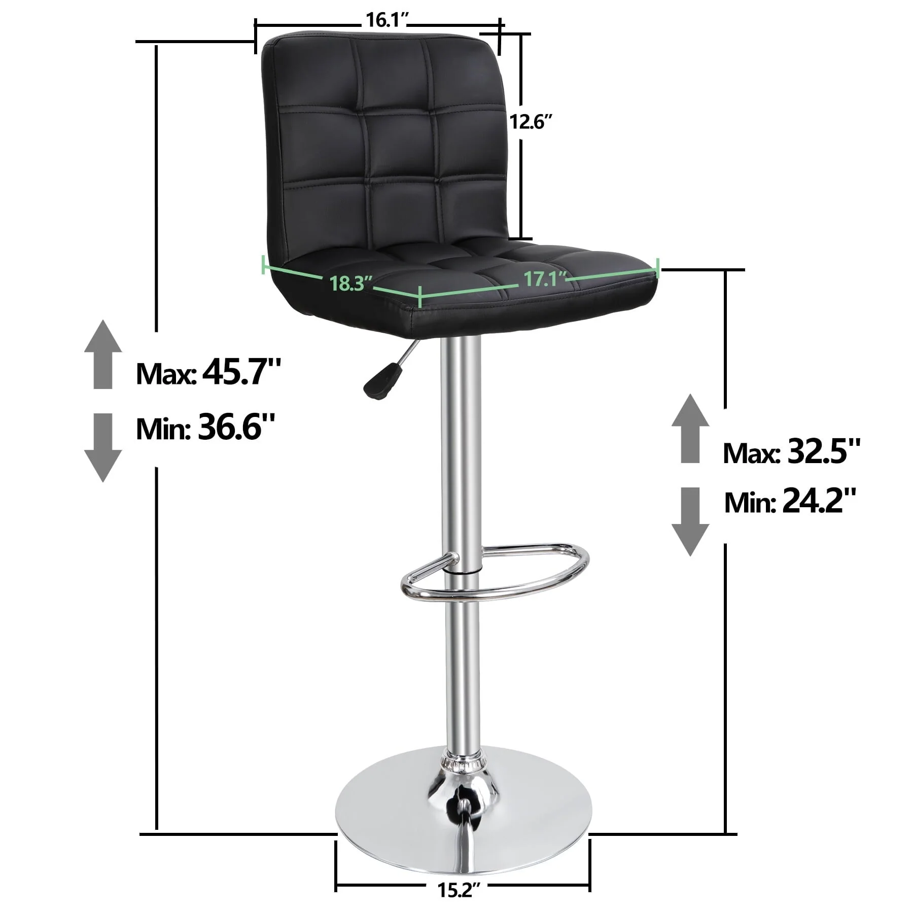 ZENY Set of 4 Bar Stool Soft Cushion Metal Frame 24-32" Swivel Chair, Black
